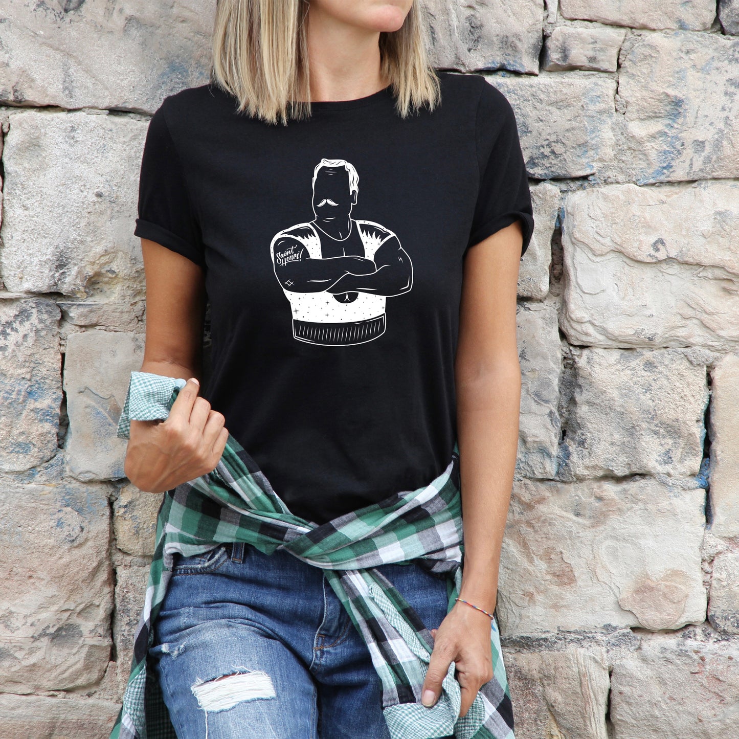 woman wearing louis cyr black t-shirt, saint-henri, tee, white logo