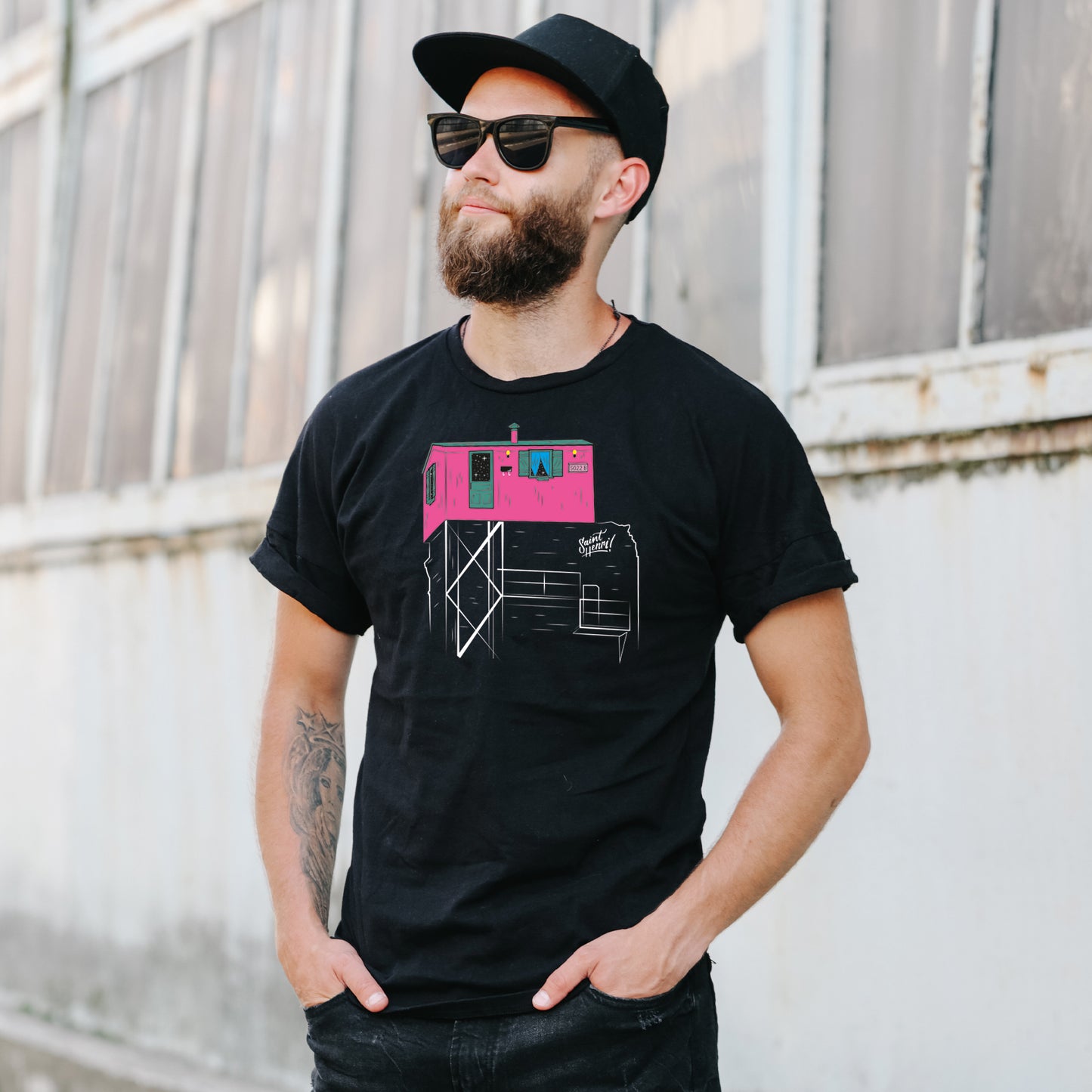 man wearing little pink t-shirt, tee, men t-shirt, black, saint-henri, shirt, pink, green