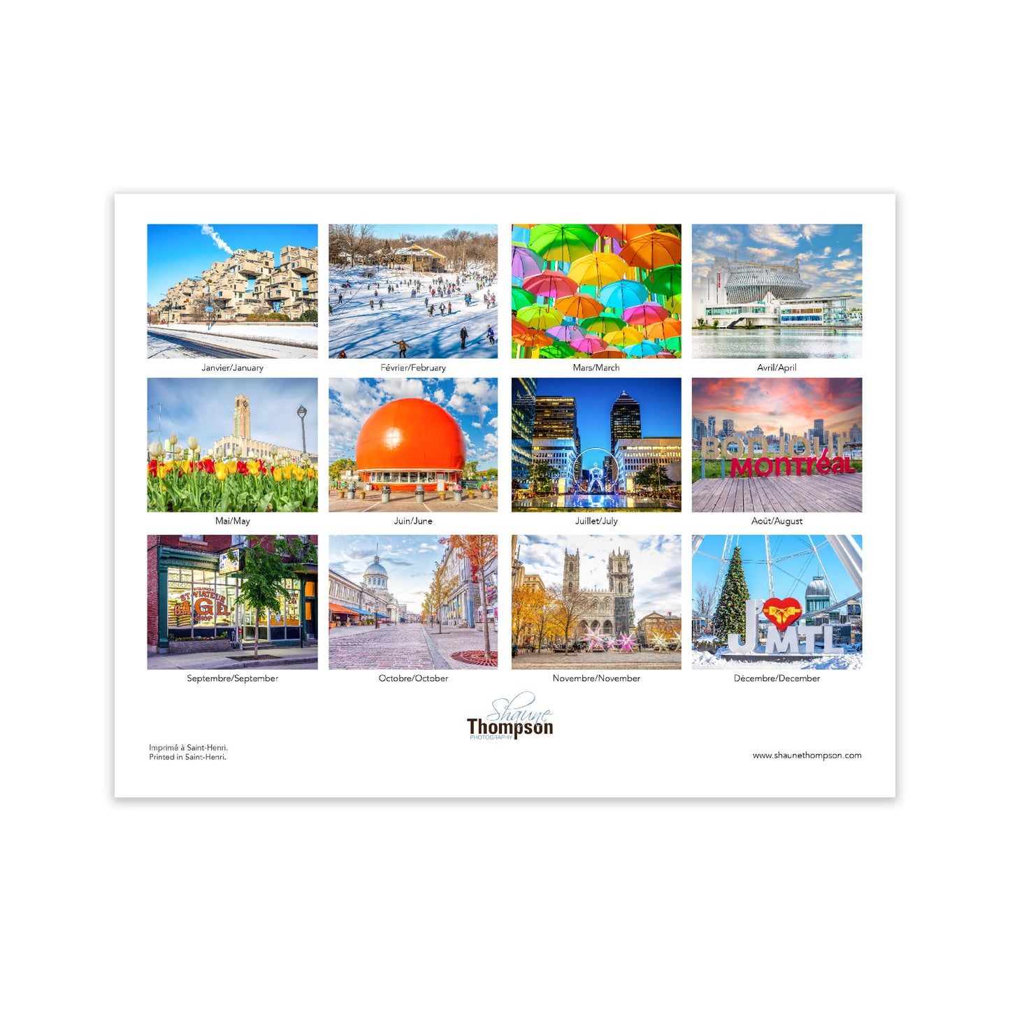 back cover of 2024 montreal wall calendar, 12 months, photos of montreal, quebec