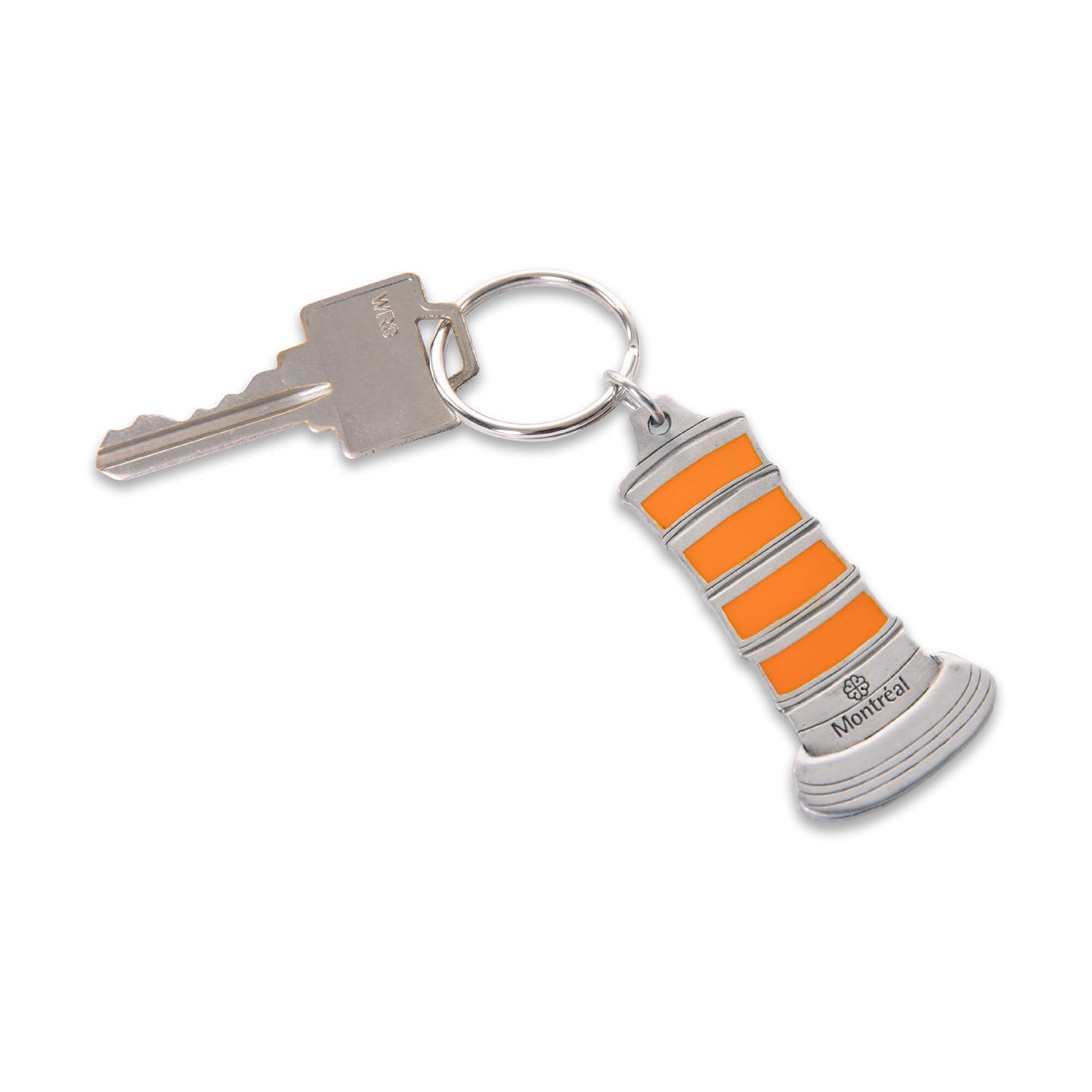lifestyle image, orange traffic cone, key, pewter keychain, orange paint fill, key ring, montreal, gift, souvenir,