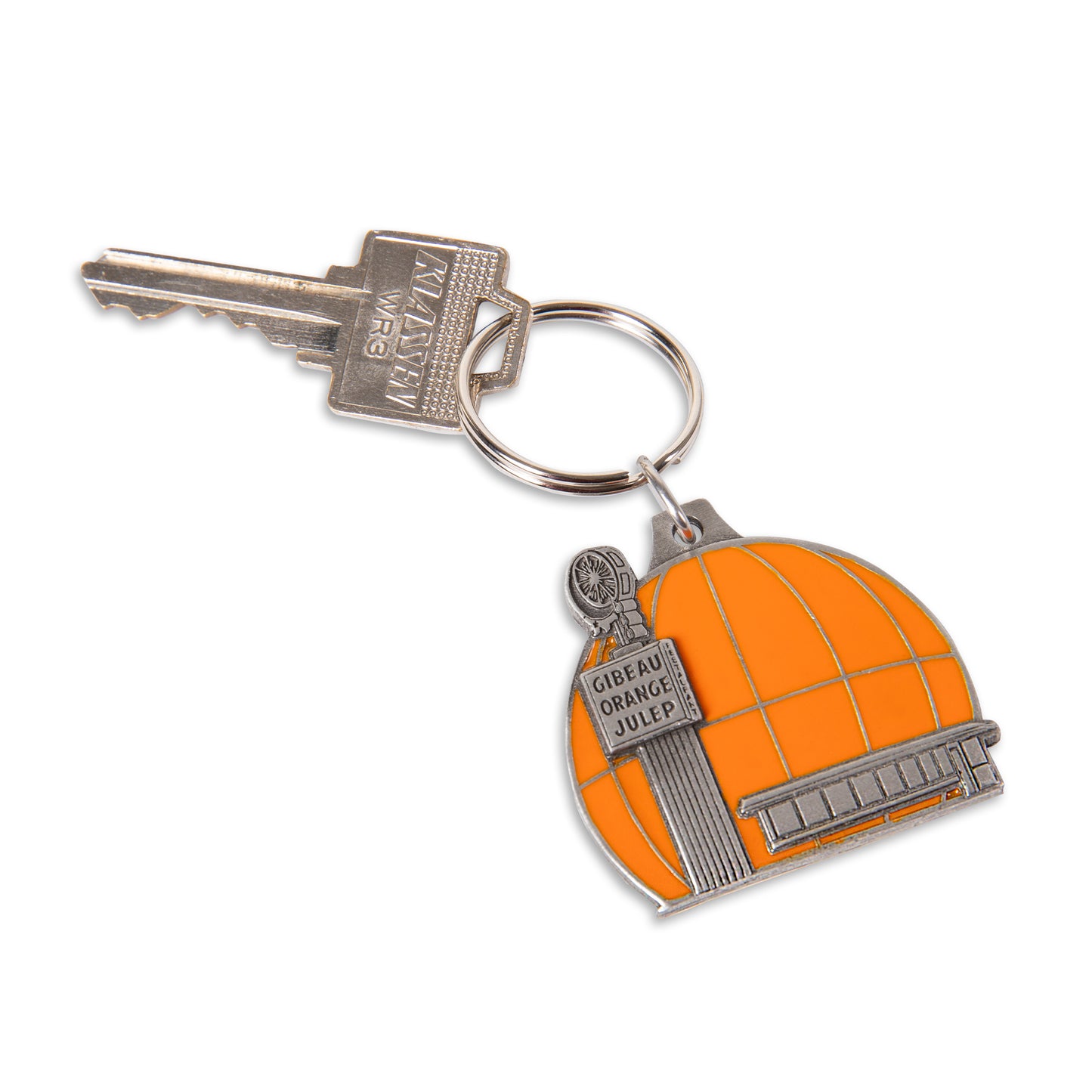 gibeau orange julep, pewter keychain, orange paint fill, key ring, key, montreal, landmark, heritage, diner, restaurant, gift, souvenir