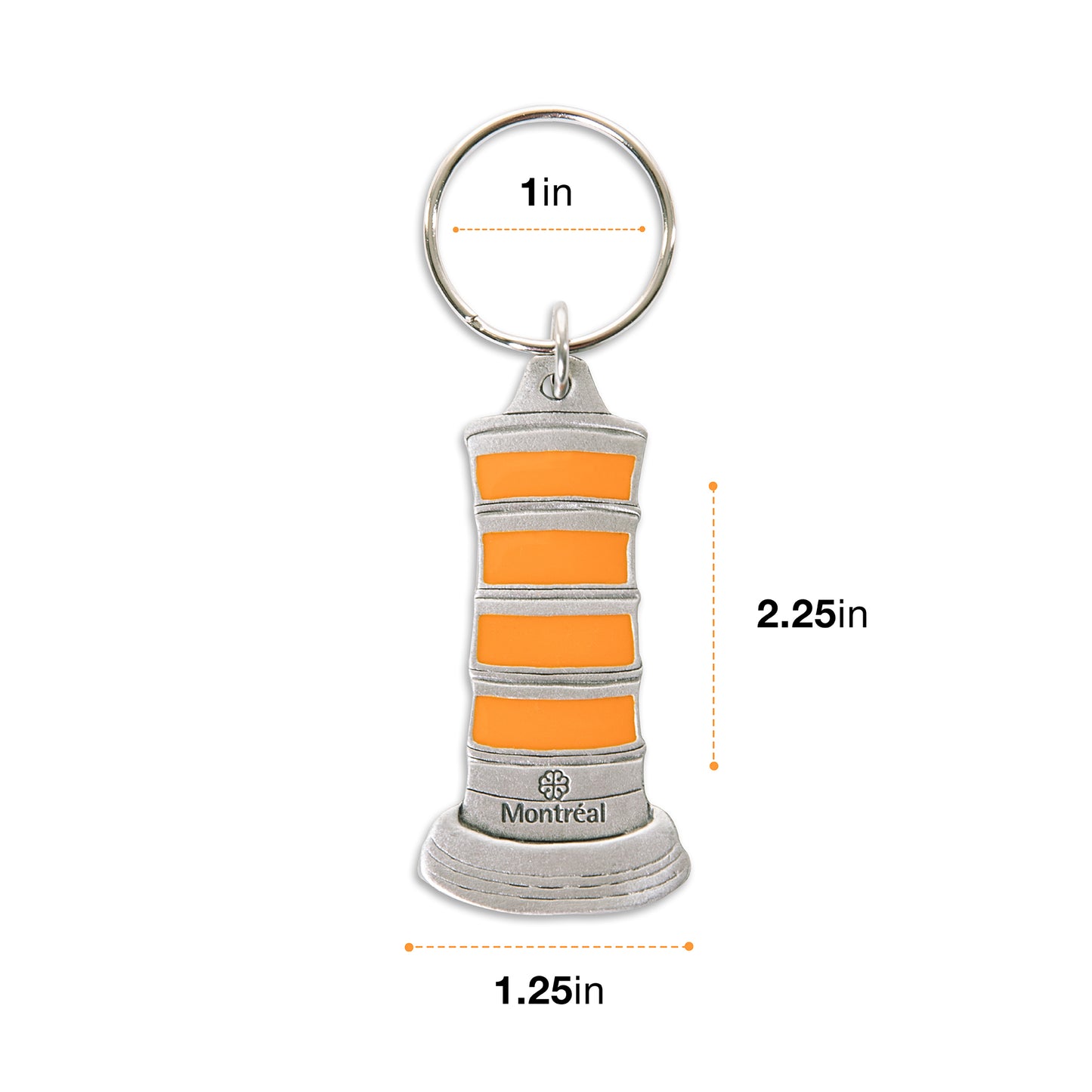 orange traffic cone, pewter keychain, orange paint fill, key ring, montreal, gift, souvenir, dimensions