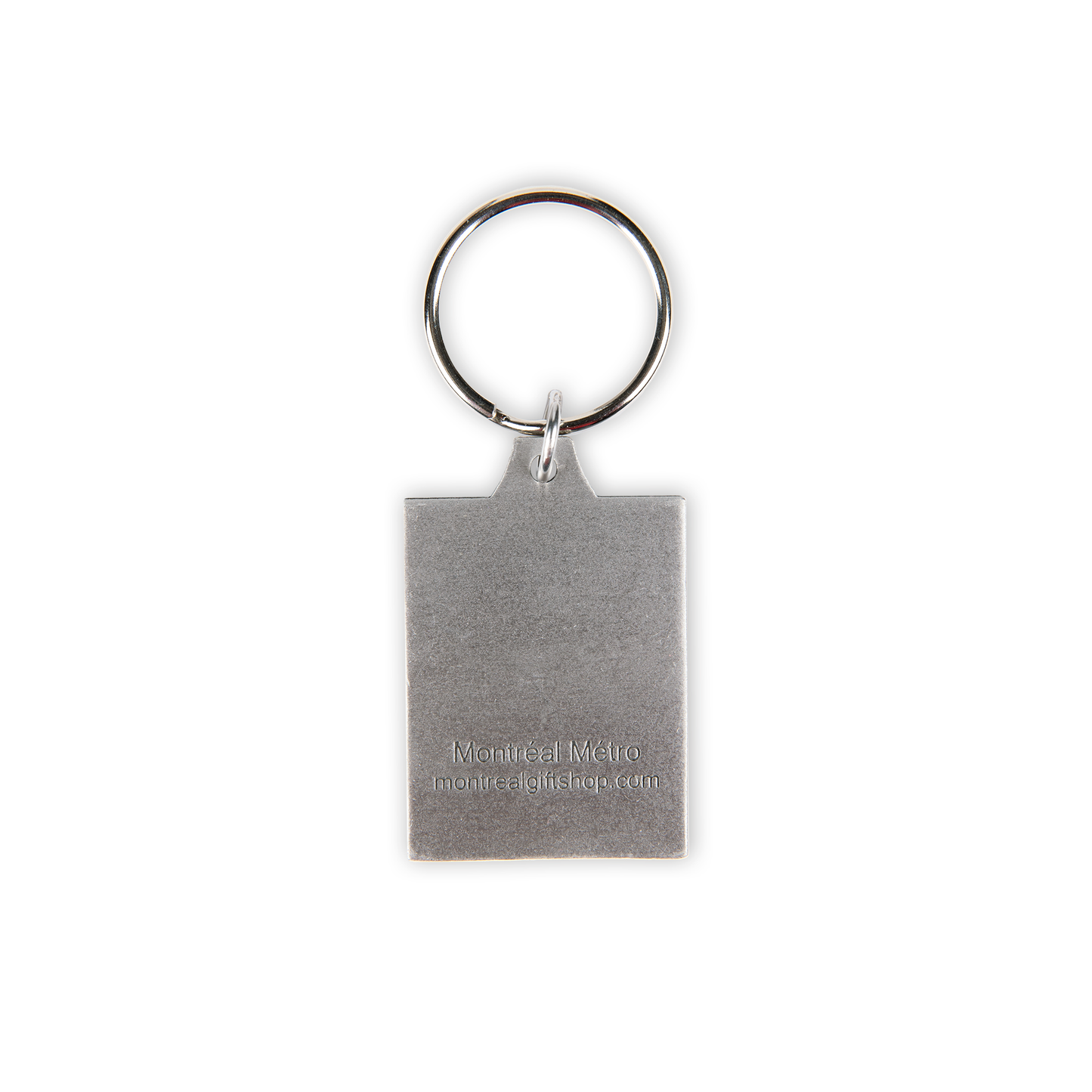 The back of the Metro keychain. Text says "Montreal Metro. montrealgiftshop.com"
