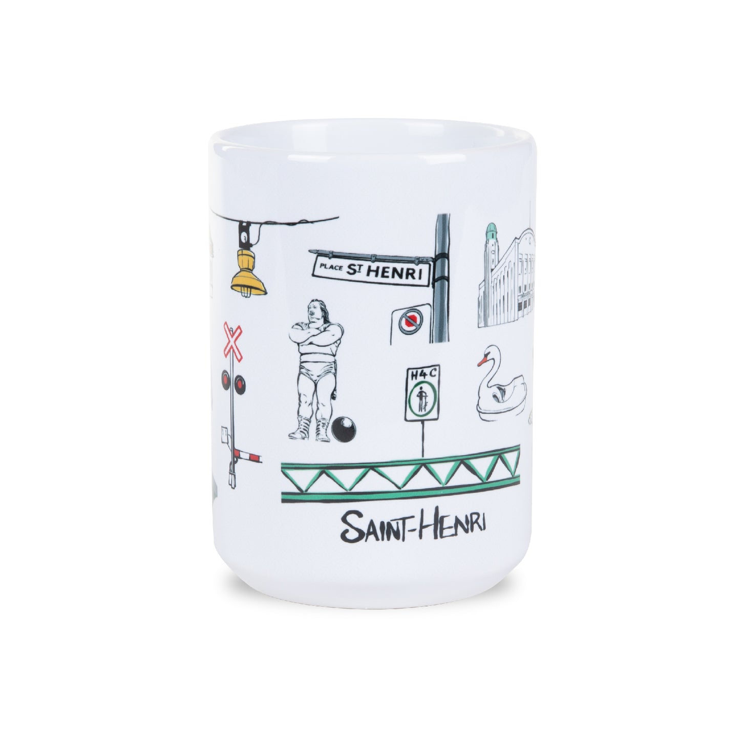 saint henri coffee mug, white ceramic, 15oz, illustrations, montreal landmarks, district doodles, louis cyr, beaudoin bridge, swan, h4c, atwater light, train crossing