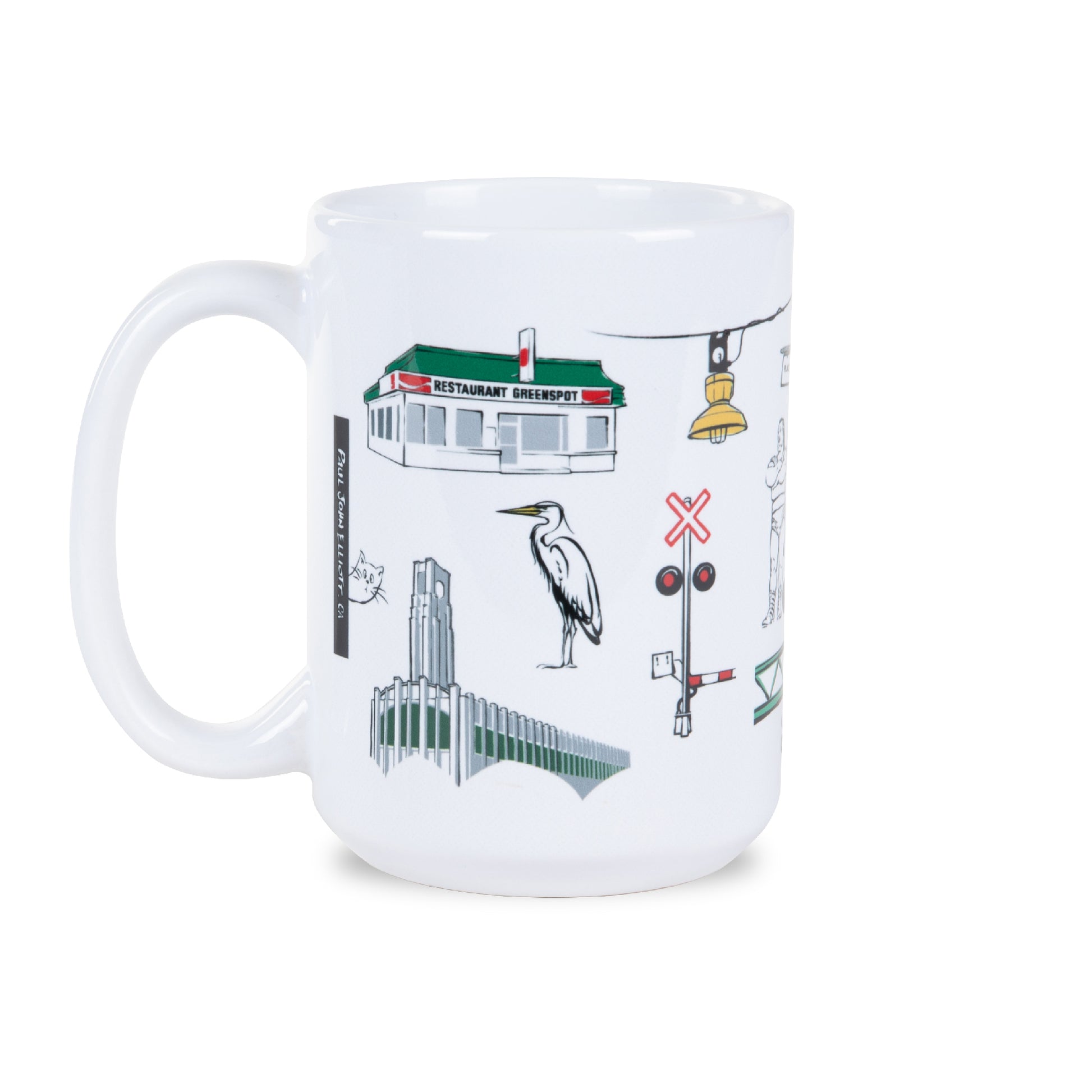 saint henri coffee mug, white ceramic, 15oz, illustrations, landmarks, icons, greenspot, atwater market, heron, railroad crossing, atwater lights, paul john elliott