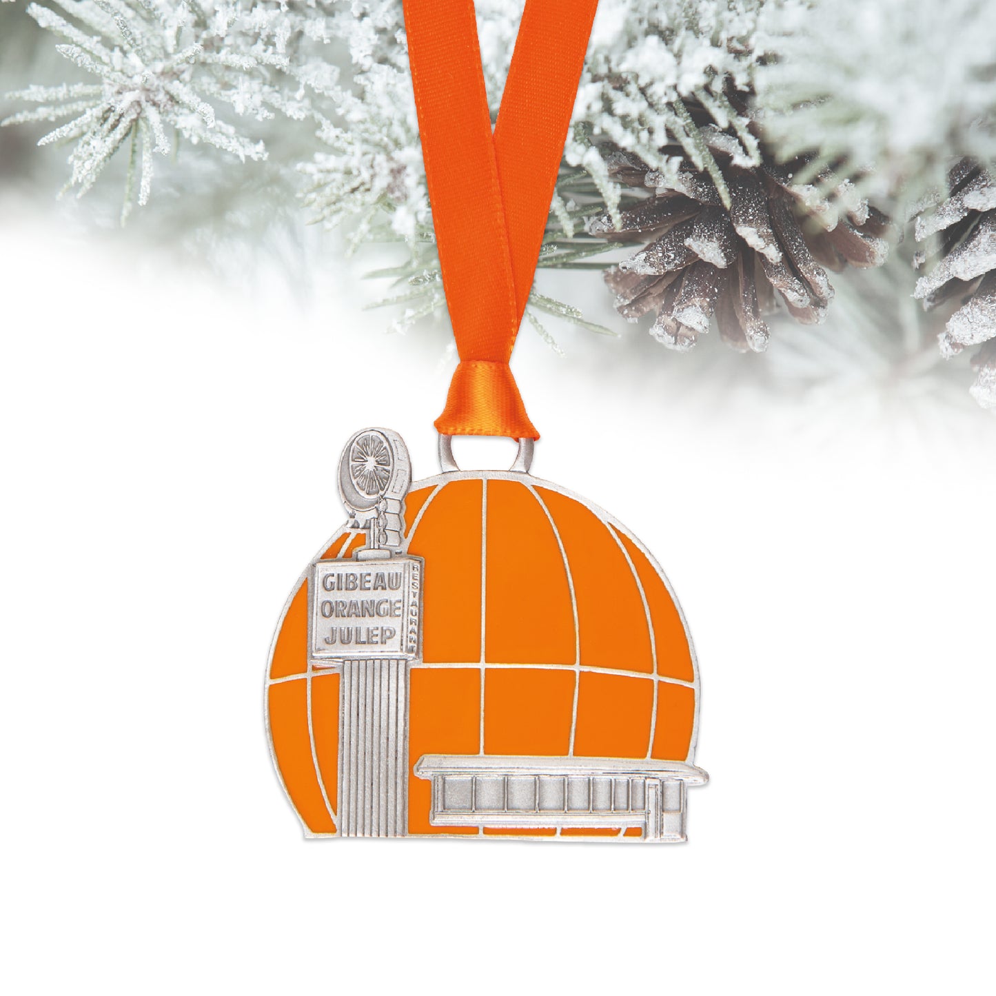 gibeau orange julep, pewter ornament, christmas ornament, tree decoration, orange ribbon, montreal landmark, gift, souvenir