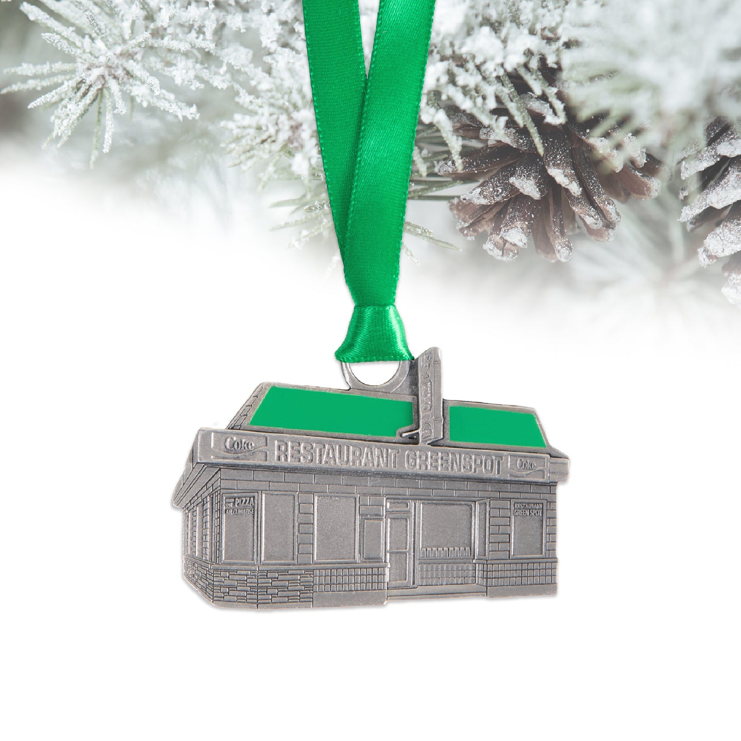 greenspot restaurant, pewter, ornament, green ribbon, gift, home decor, souvenir, saint-henri, deli, christmas, holiday, christmas tree ornament