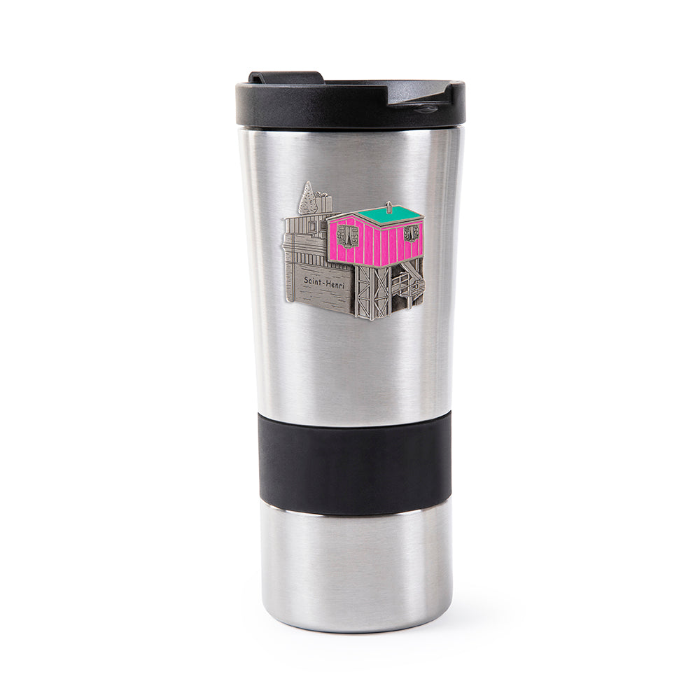 travel mug, black band, hot liquid, cold liquid, balck lid, 17oz, little pink, montreal