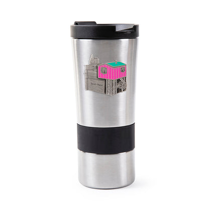 travel mug, black band, hot liquid, cold liquid, balck lid, 17oz, little pink, montreal