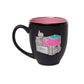 ceramic mug, black, pink interior, pewter crest, maison rose, little pink house, saint-henri, montreal, landmark, iconic, drinkware, coffee, tea, beverage