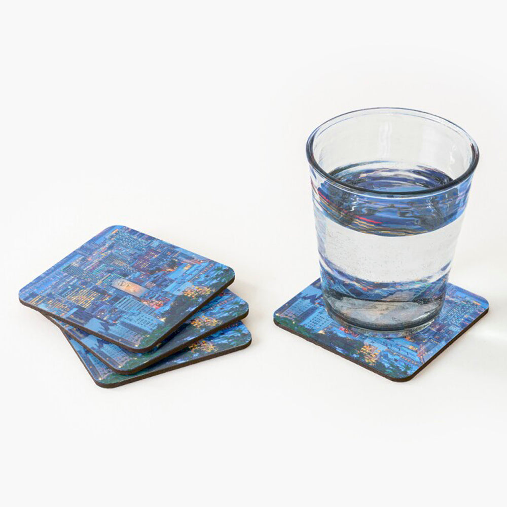 photo coaster, set of 4, cork, drink, hot, cold beverage, protection, tabletop