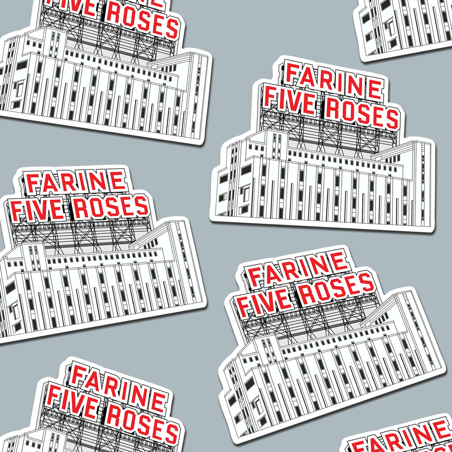Stickers with 'Farine Five Roses' text and building design on a gray background