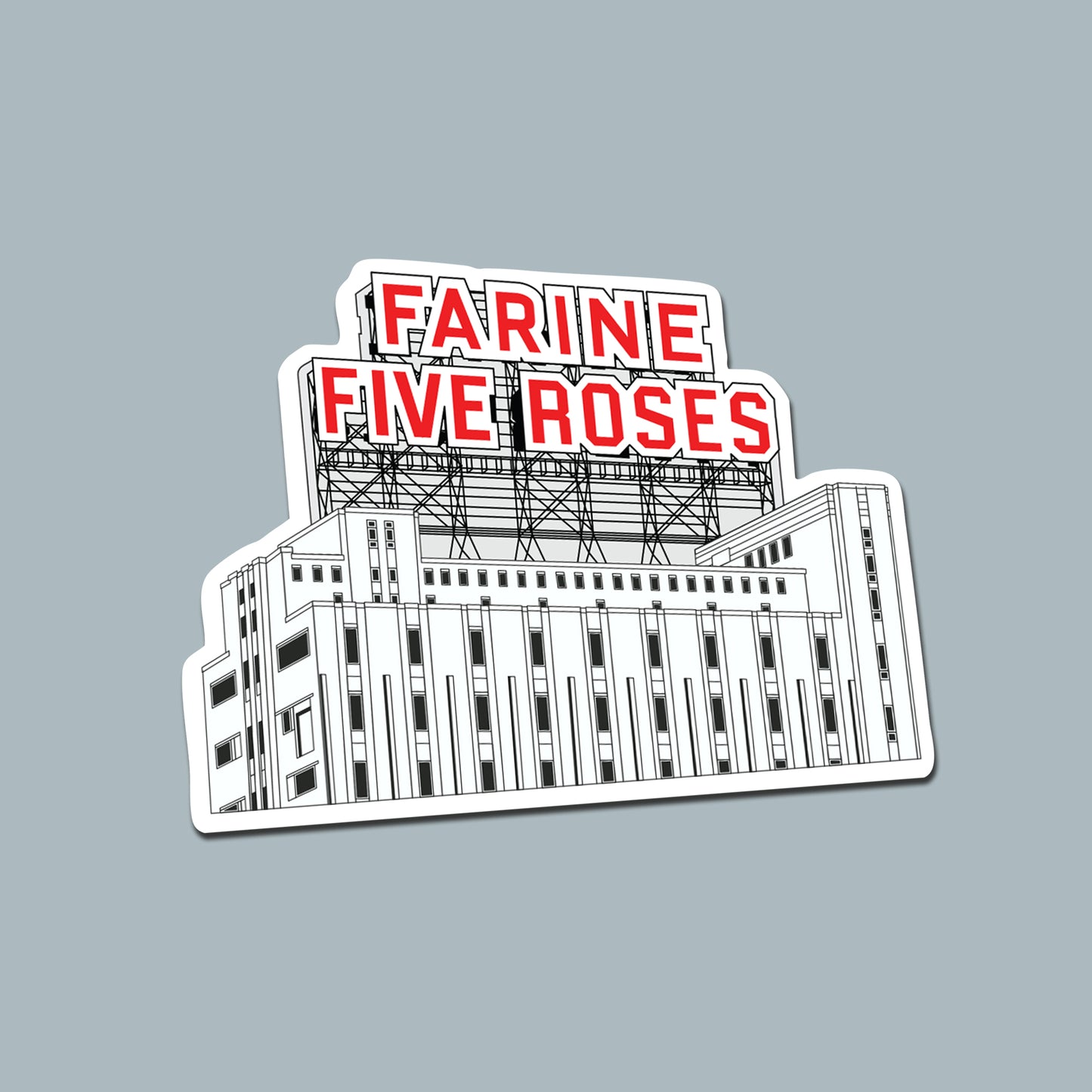 Sticker with 'FARINE FIVE ROSES' text on a building outline against a gray background