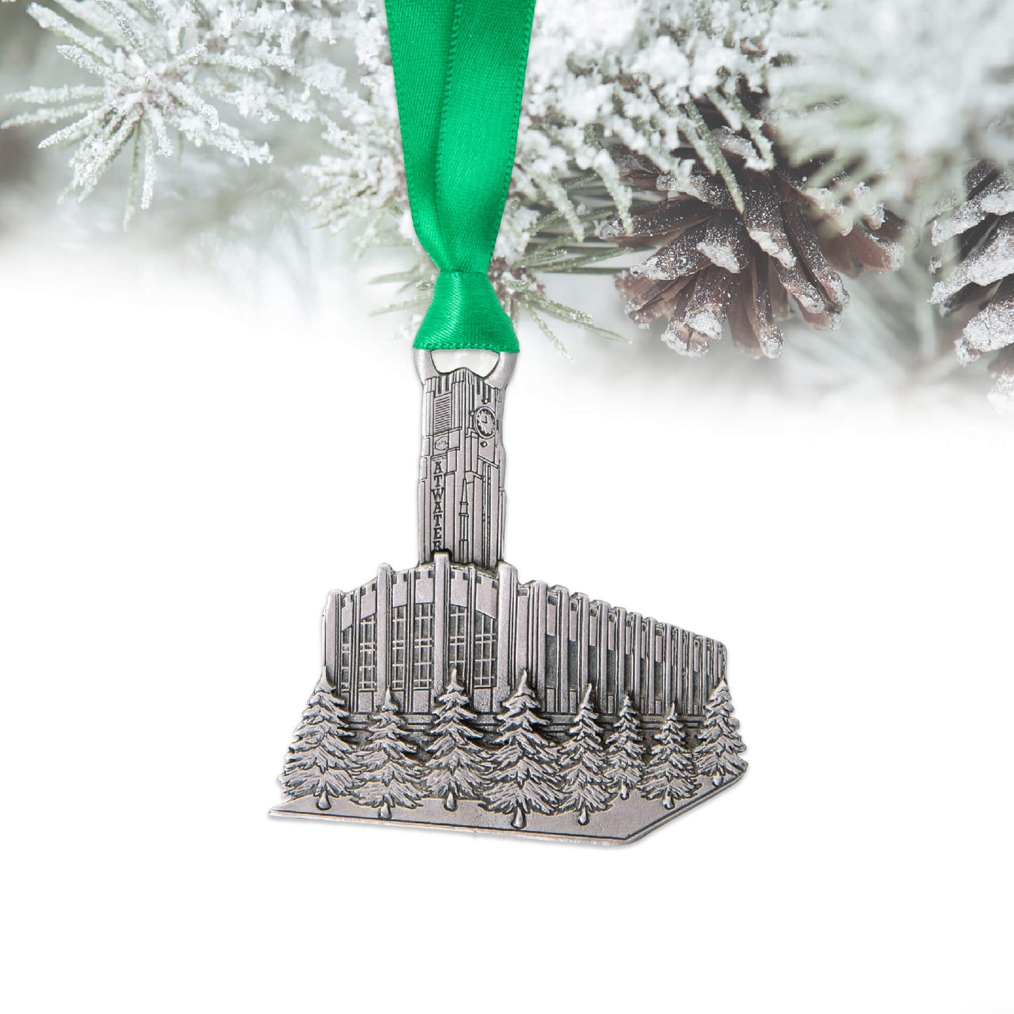 atwater market, pewter ornament, green ribbon, holiday ornament