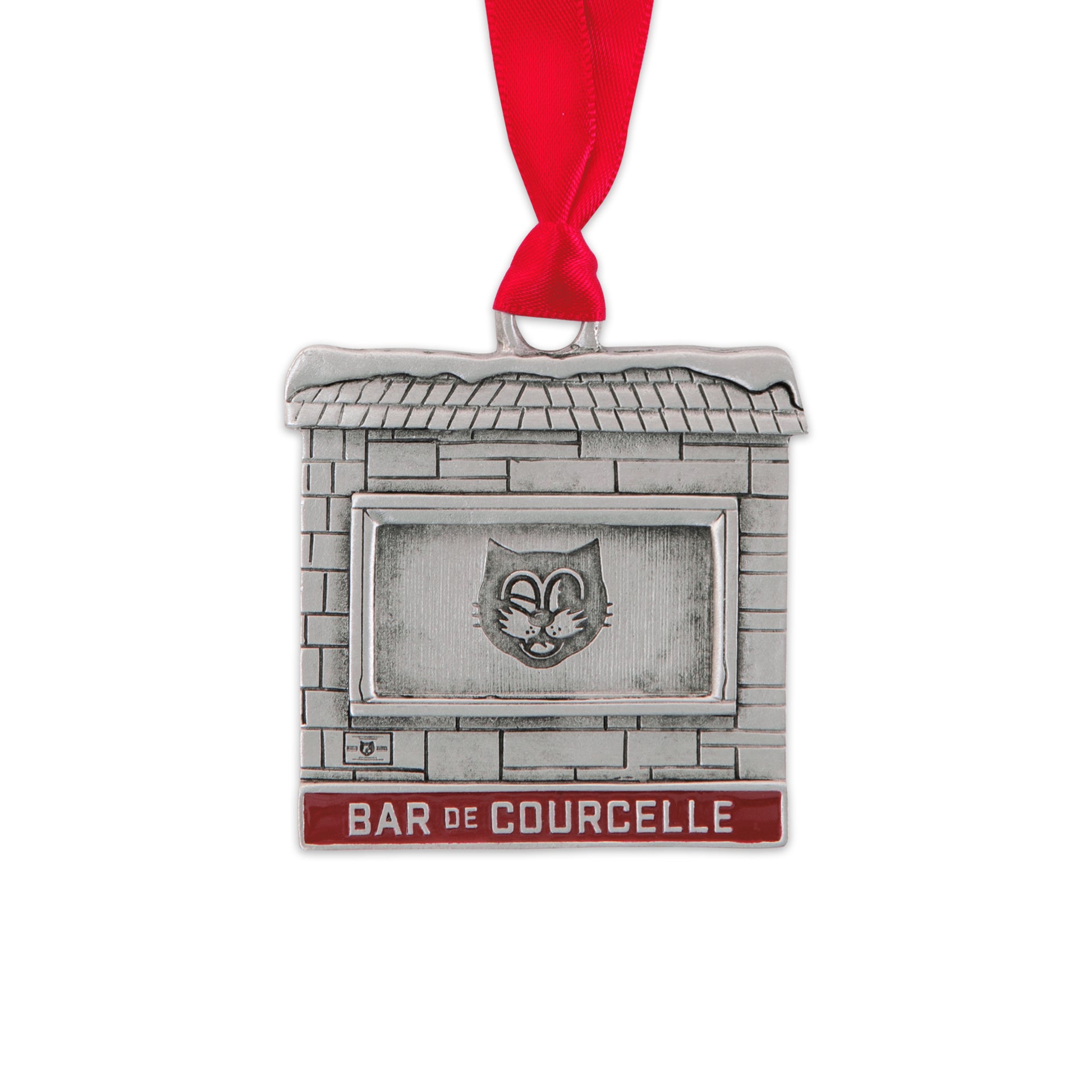 bar de courcelle pewter ornament, red ribbon, red paint, cat logo in window, montreal landmark, souvenir, gift, home decor, holiday, christmas tree, saint-henri