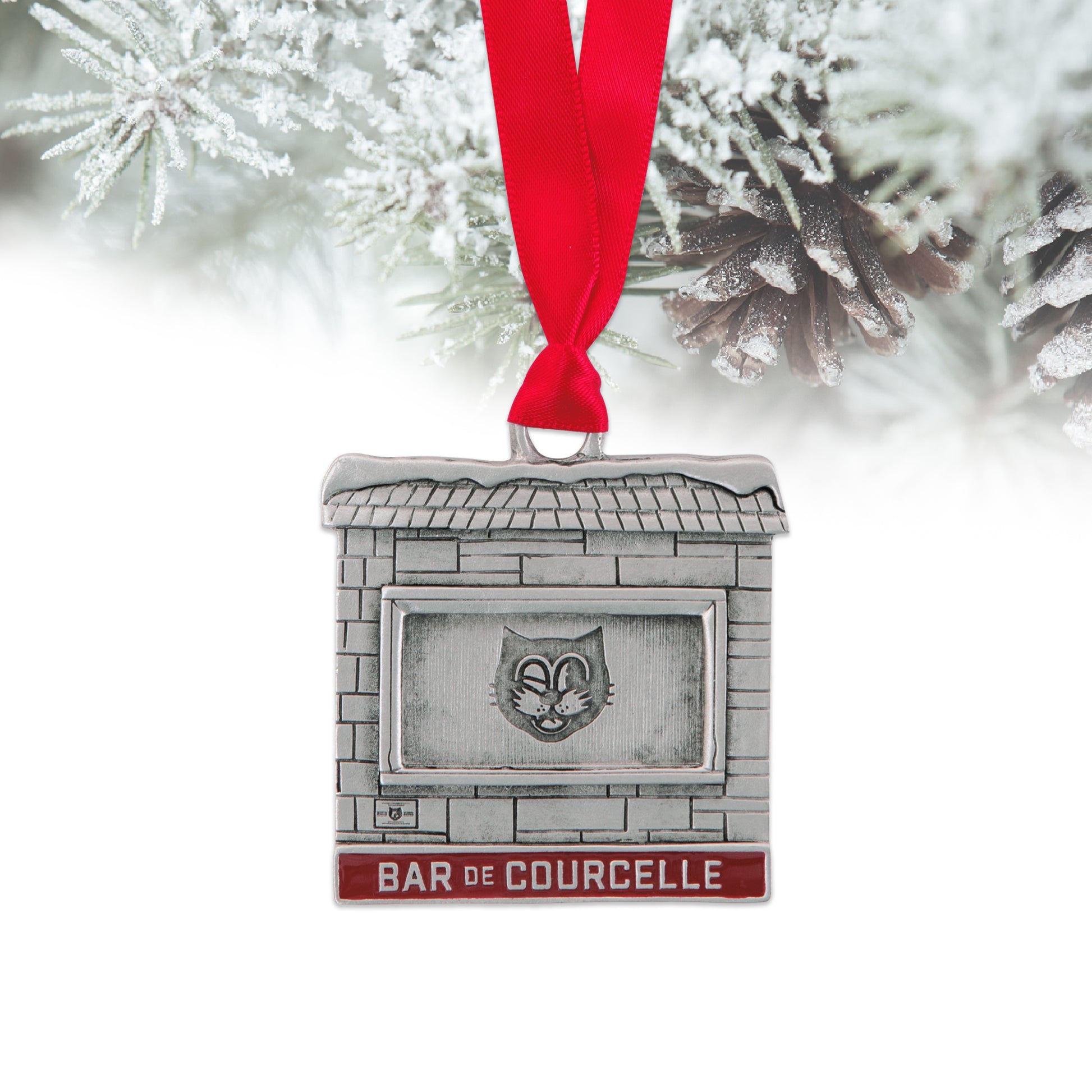 bar de courcelle pewter ornament, red ribbon, red paint, cat logo in window, montreal landmark, souvenir, gift, home decor, holiday, christmas tree, saint-henri