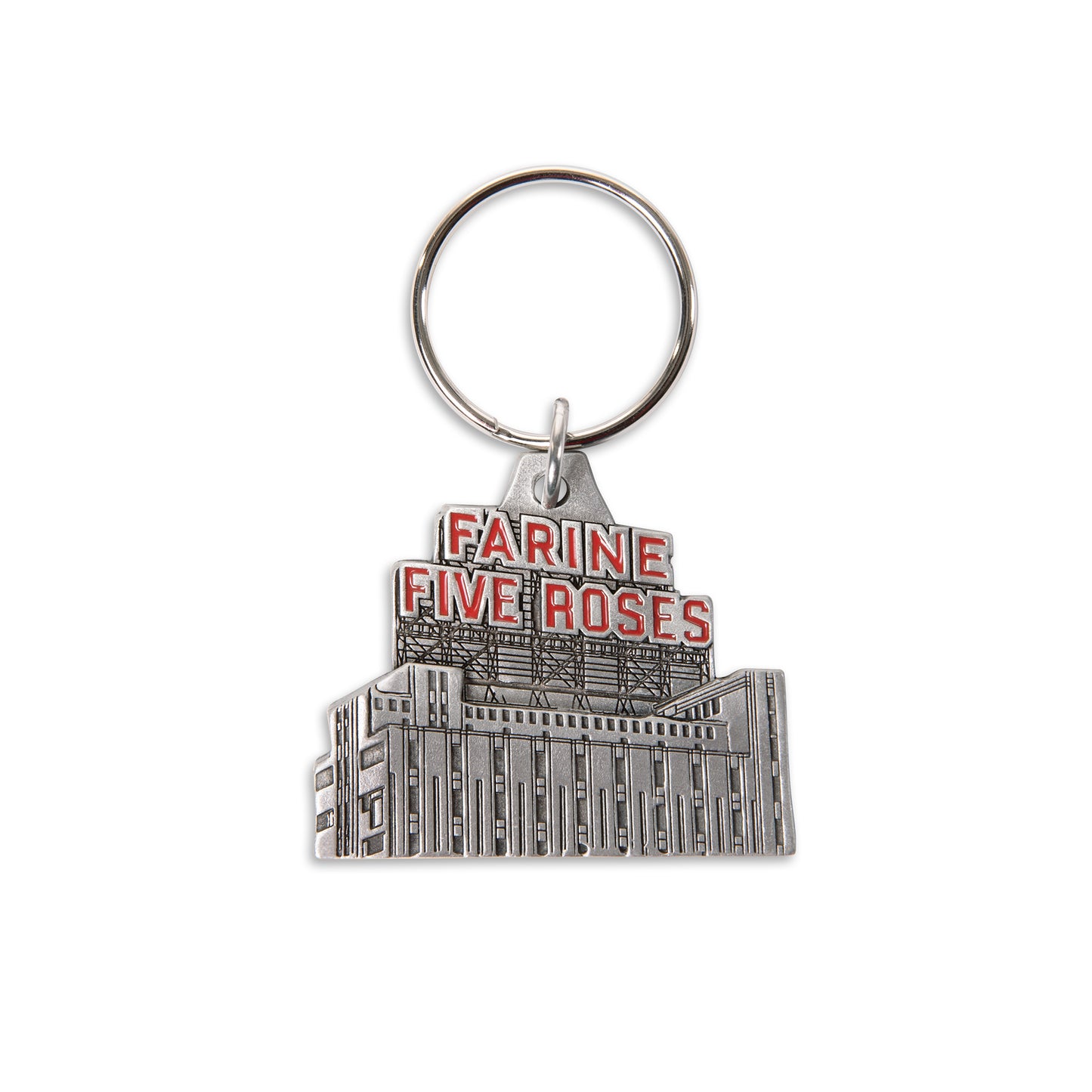 farine five roses, pewter keychain, red paint fill, key ring, montreal landmark, souvenir