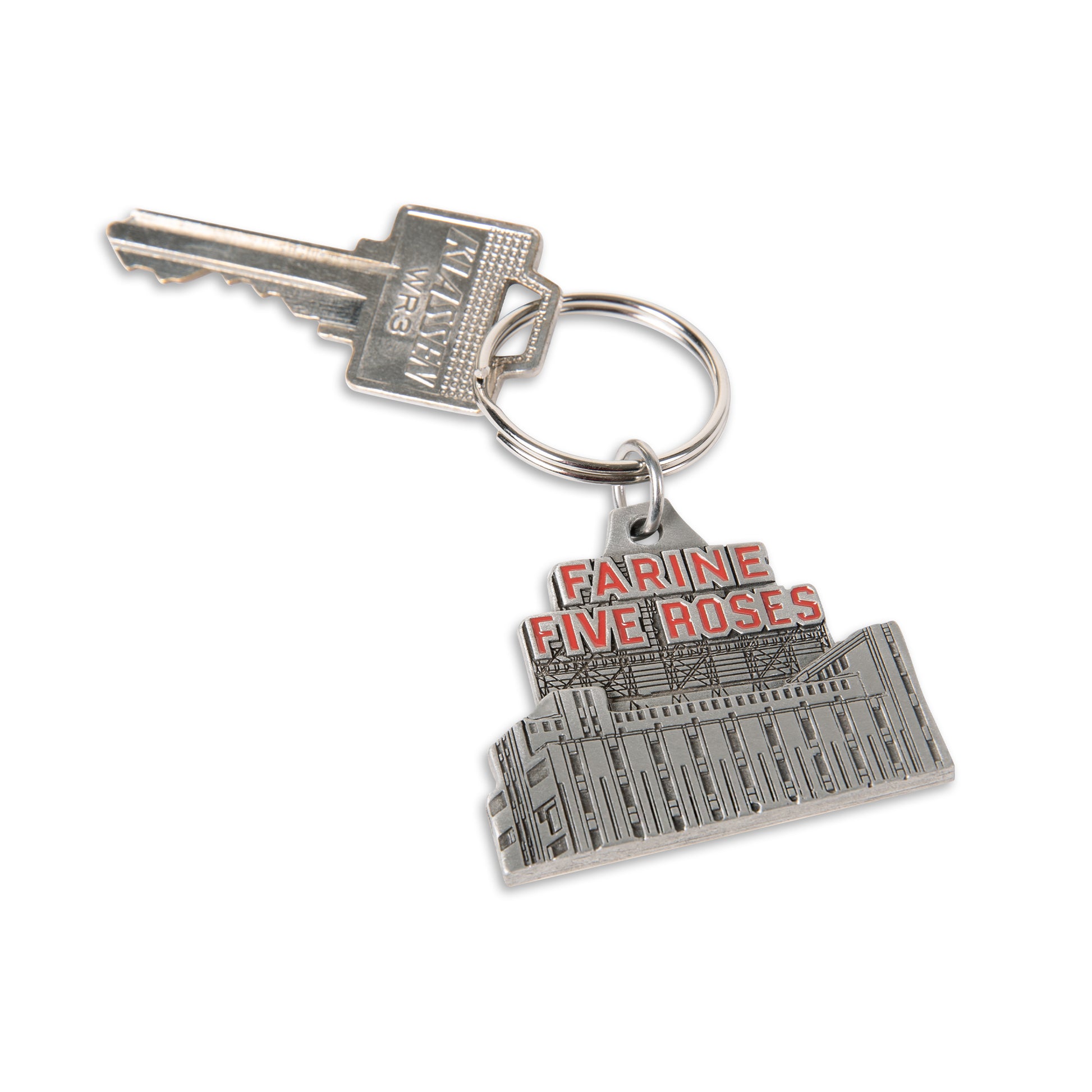 farine five roses, pewter keychain, key ring, key, collectible, gift, souvenir, red paint fill, montreal icon, landmark, Quebec