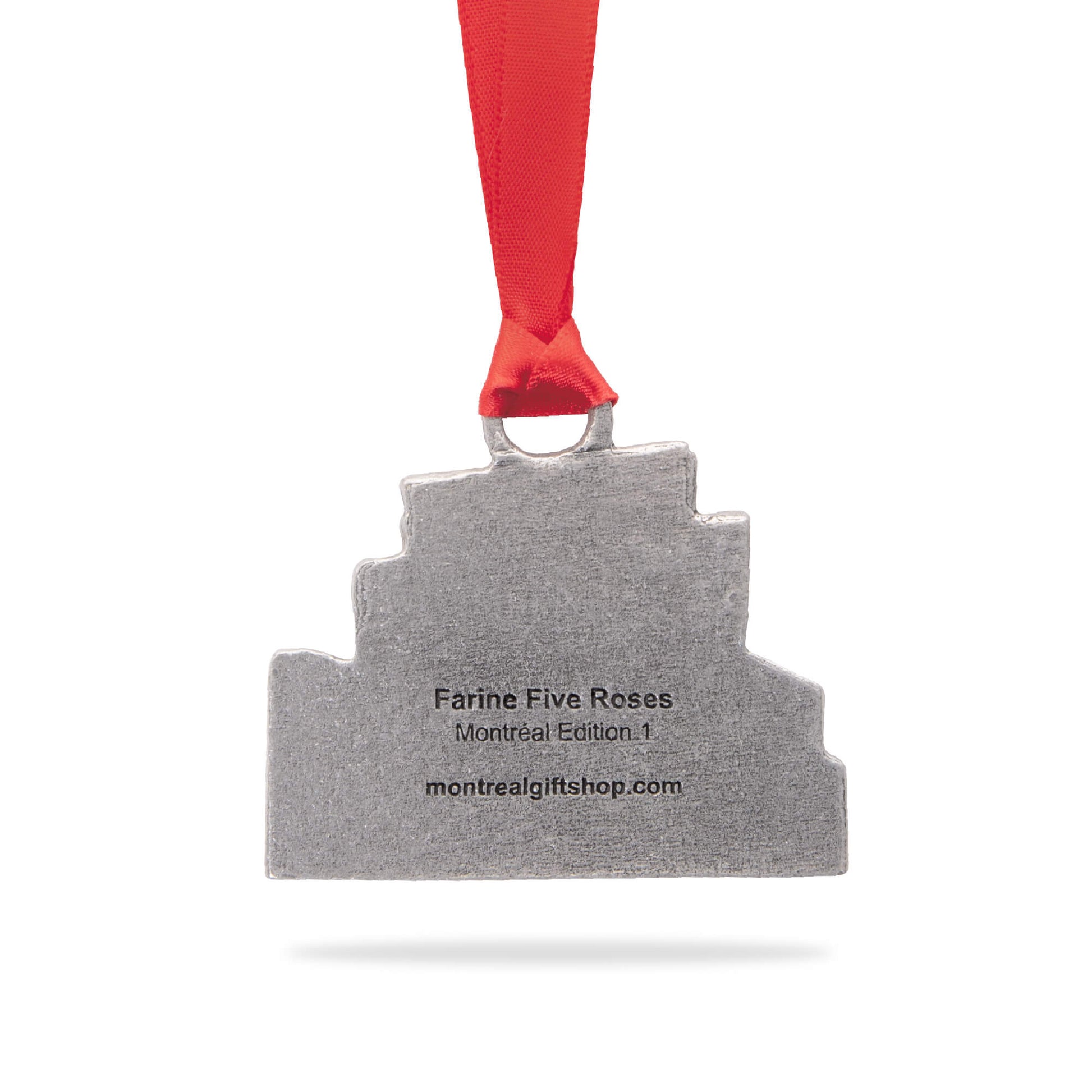 farine five roses, pewter ornament, tree decoration, red ribbon, montreal, gift, montreal edition 1