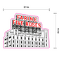 Sticker design of a building with 'Farine Five Roses' text, shown with dimensions.