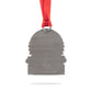 Back side of pewter ornament with a red ribbon on a white backgroun