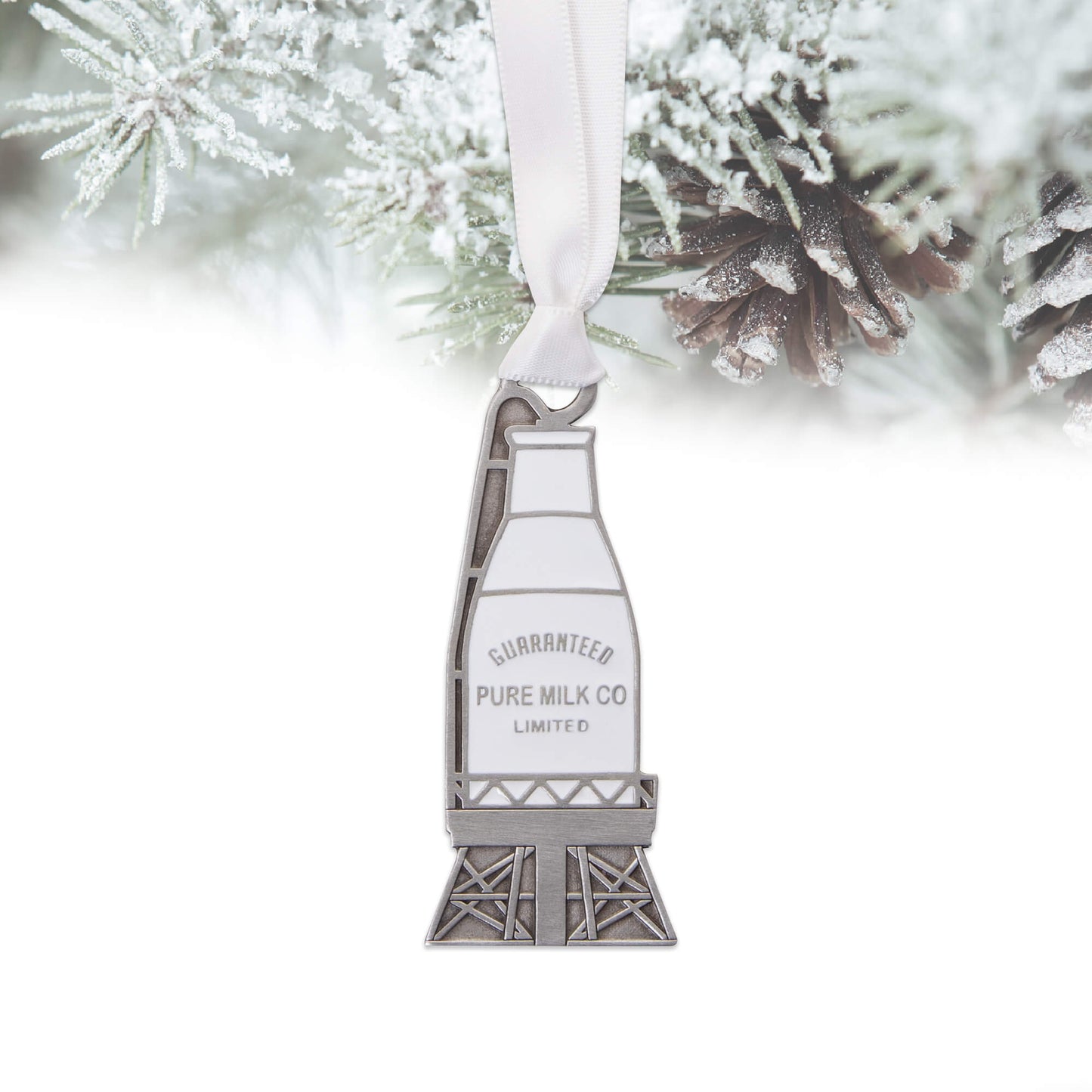 christmas ornament, holiday decoration, pewter, white ribbon, collection, lifestyle image, guaranteed pure milk co ltd ornament, home decor