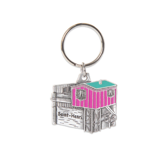 little pink house keychain, maison rose, keychain, pink, green, paint fill, montreal landmark, saint-henri, key ring, pewter