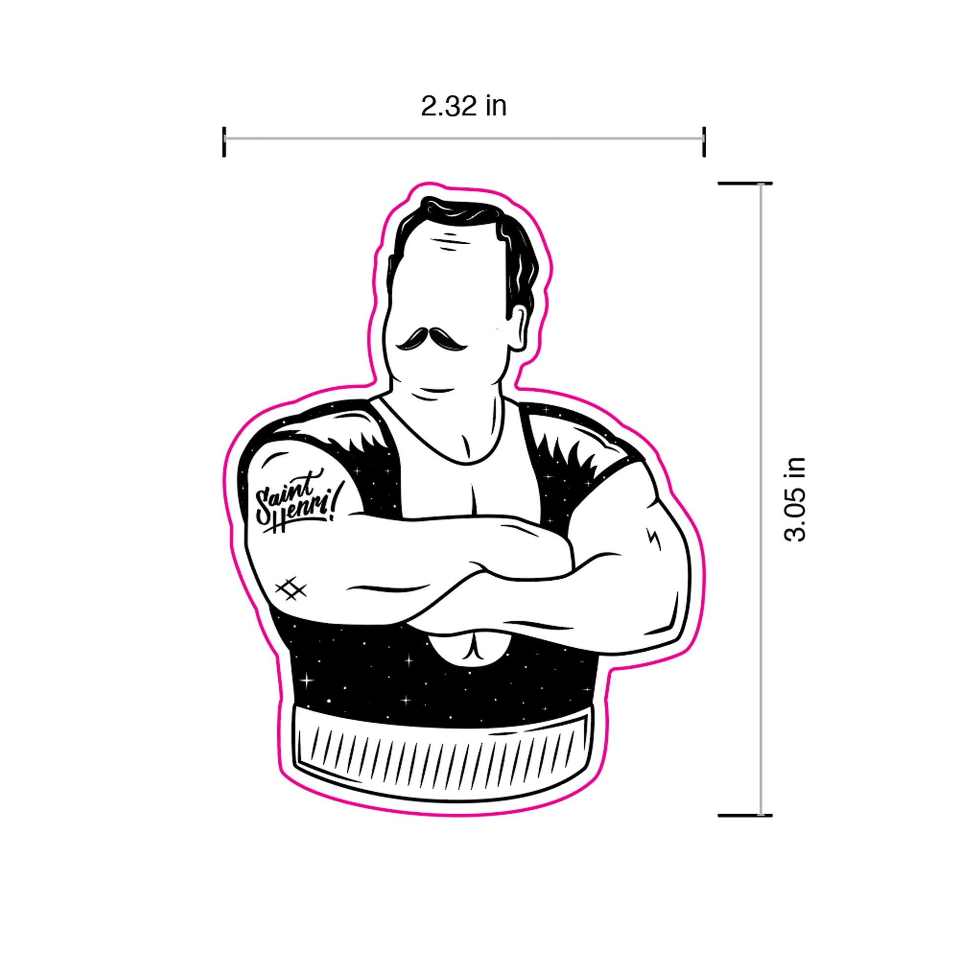 Louis Cyr sticker with measurements on a white background
