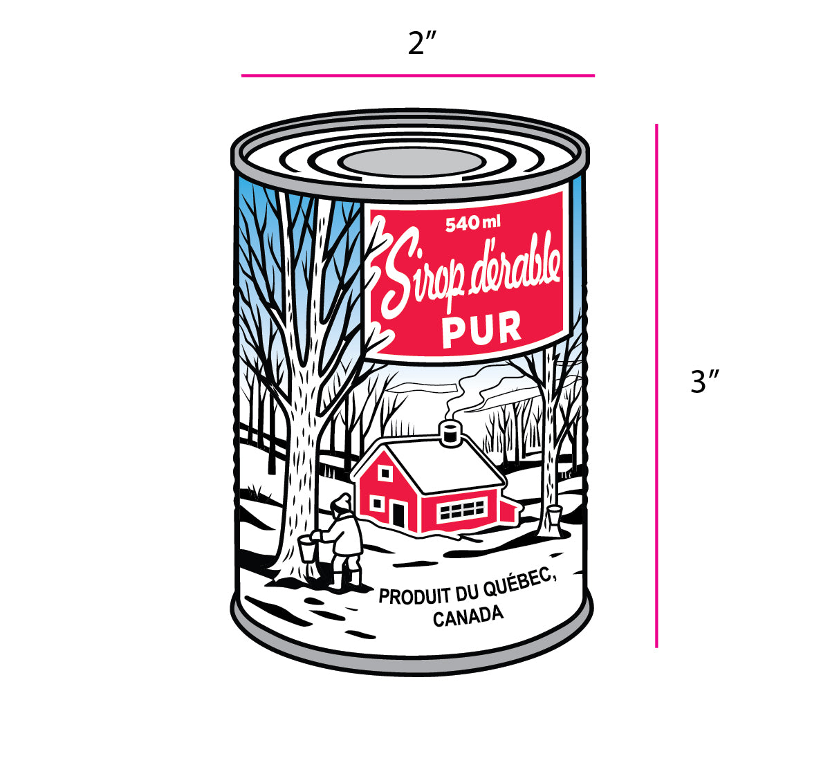 Illustration of a can labeled 'Sirop d'erable Pur' with dimensions on a white background