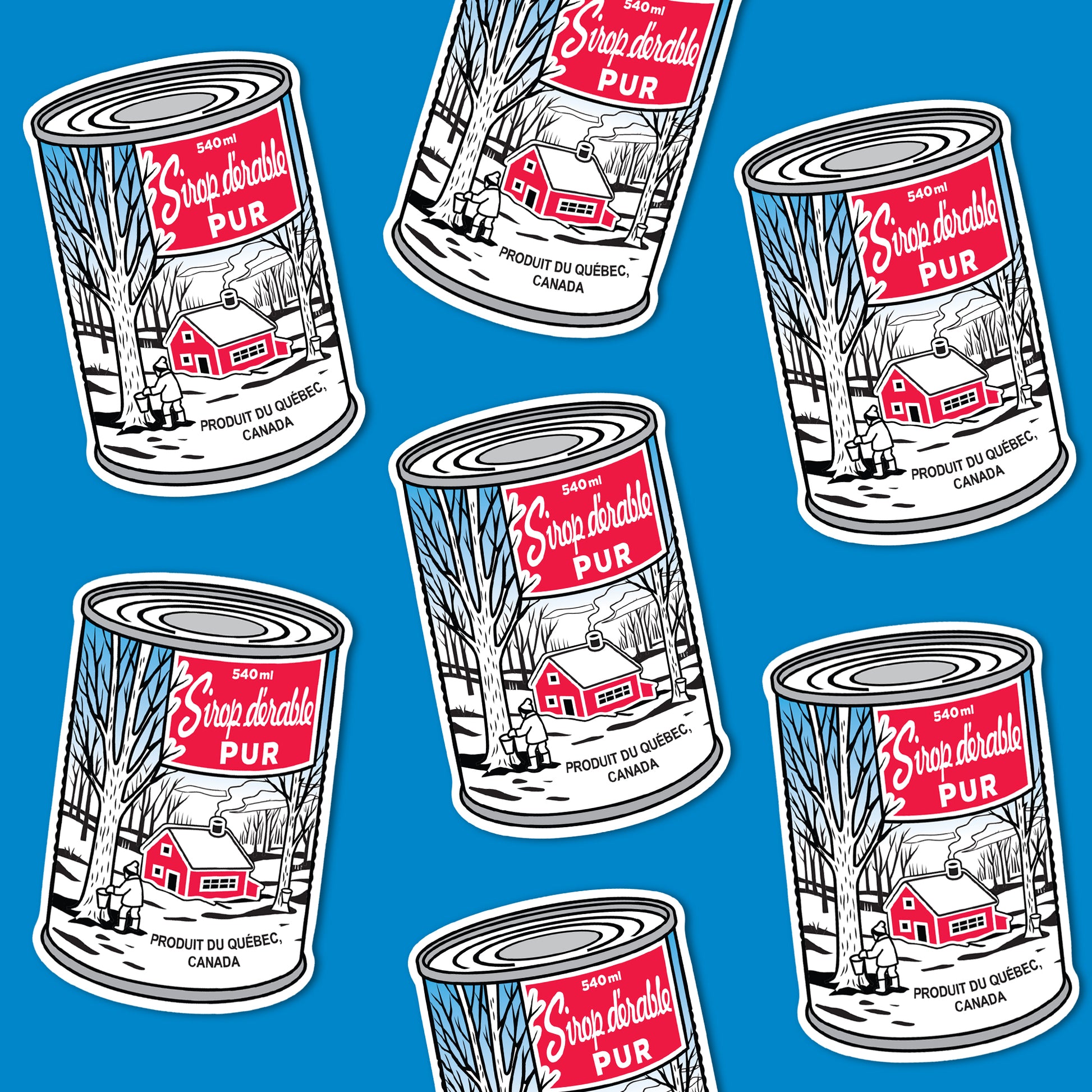 pattern of maple syrup cans on a blue background