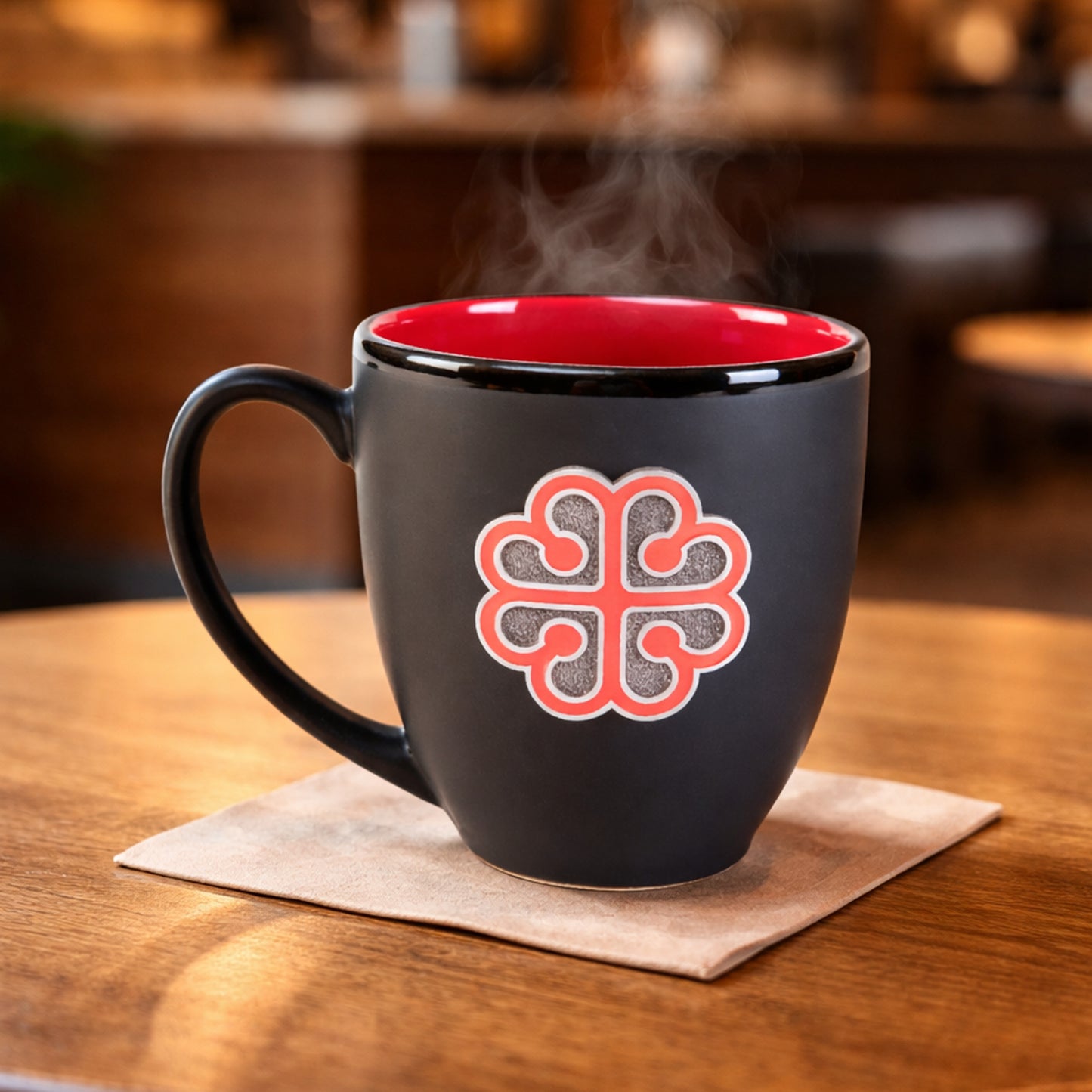 Black mug with red interior and decorative pewter crest montreal logo  on a wooden table