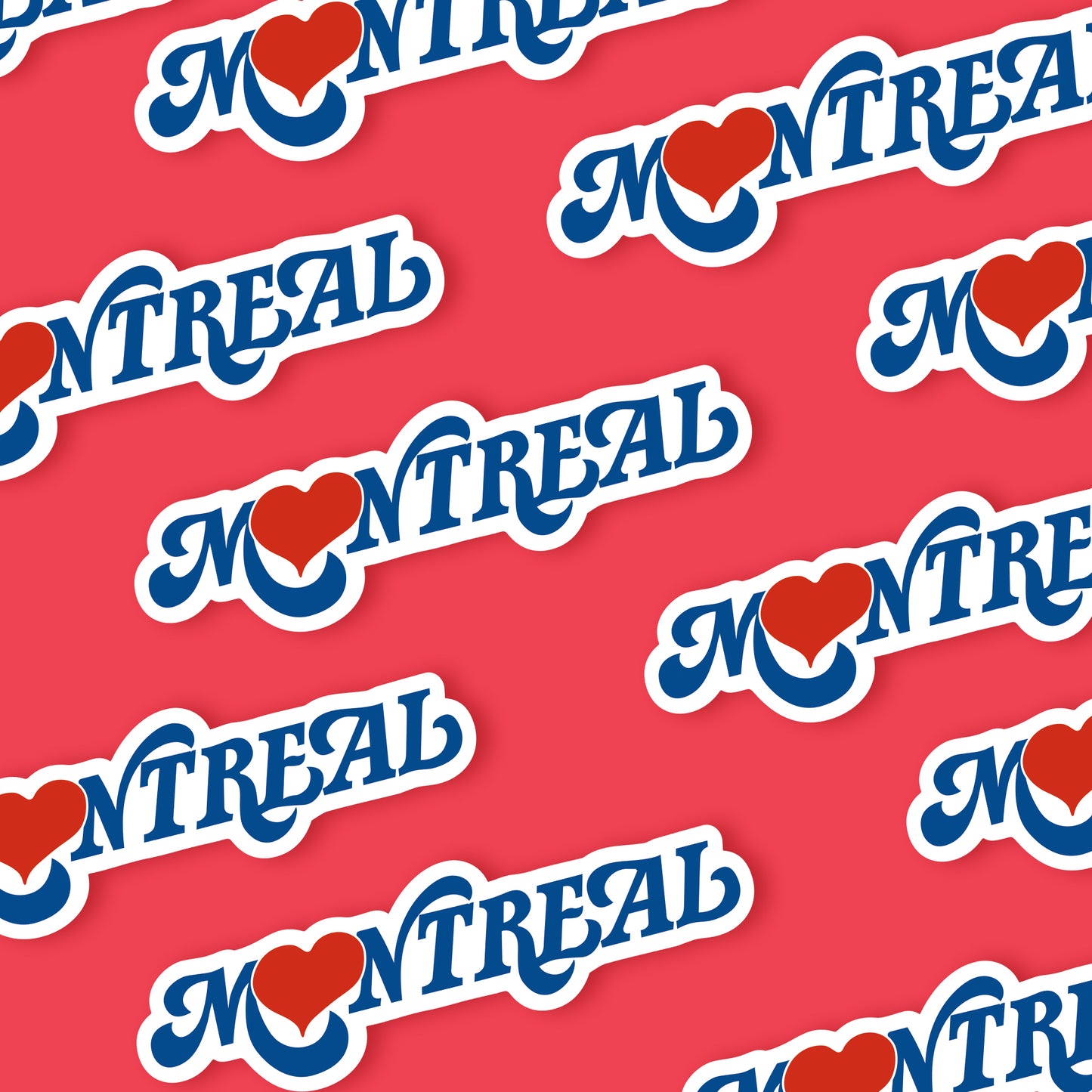 Pattern of 'Montreal' text with red hearts on a red background
