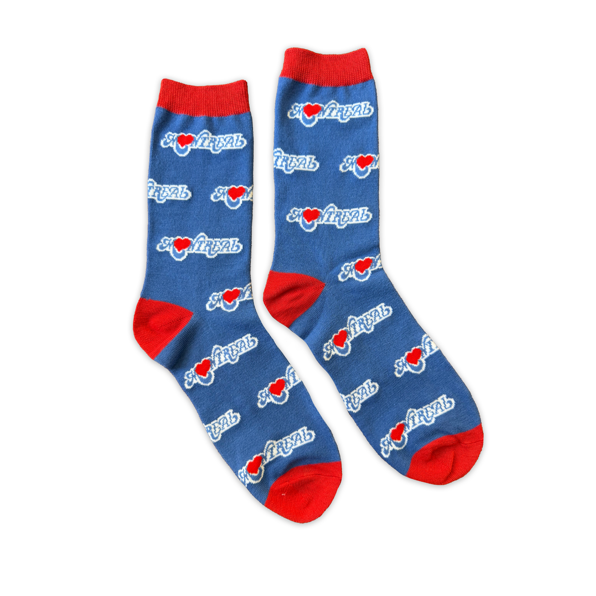 Two socks on a white background, they are blue and red with the Montreal Love design.