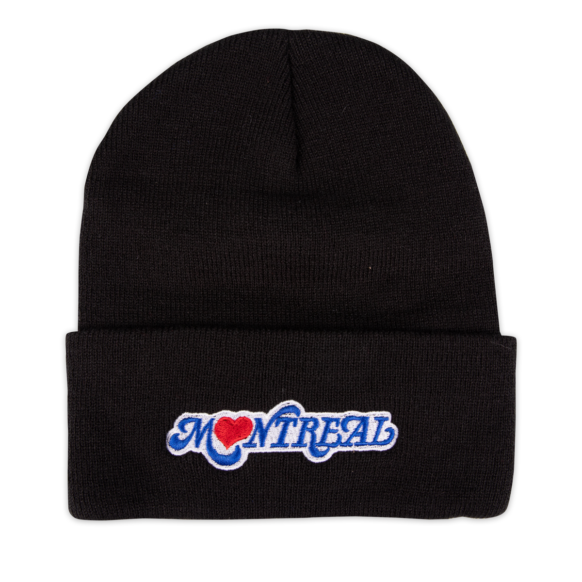A black tuque with the Montreal Love design embroidered on the front. 