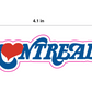 Sticker with 'Montreal' text and heart symbol, showing dimensions on a white background.