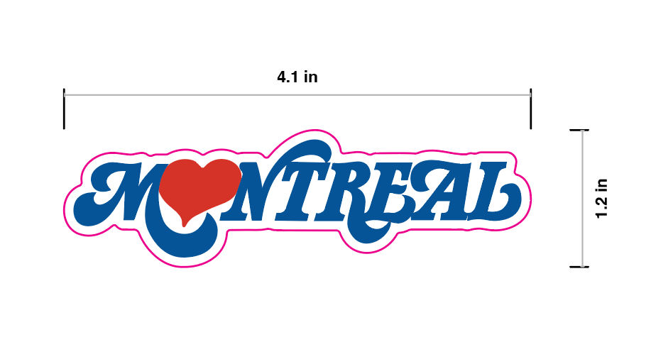 Sticker with 'Montreal' text and heart symbol, showing dimensions on a white background.