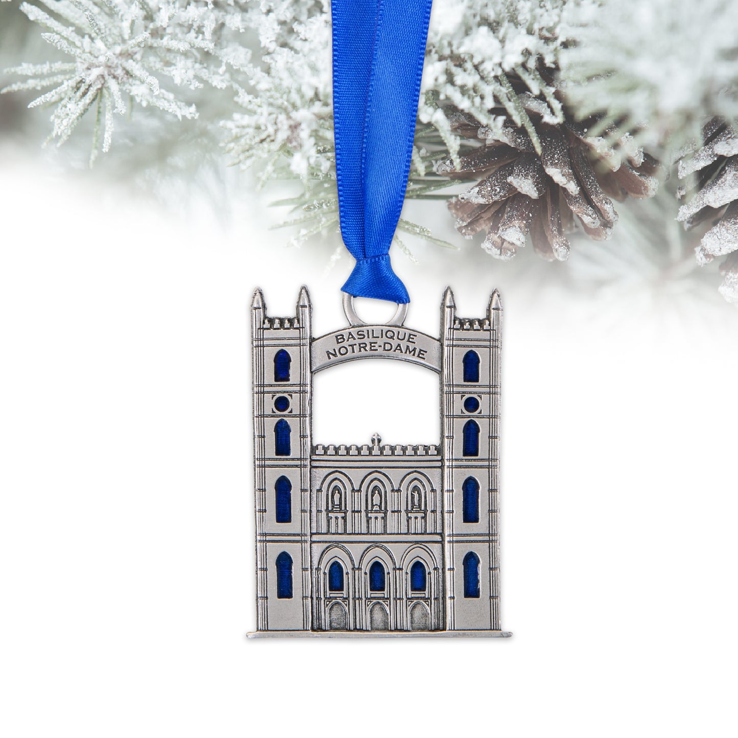 notre-dame basilica pewter ornament with blue ribbon and hand painted with blue paint. Gift, souvenir, collectible. made in montreal