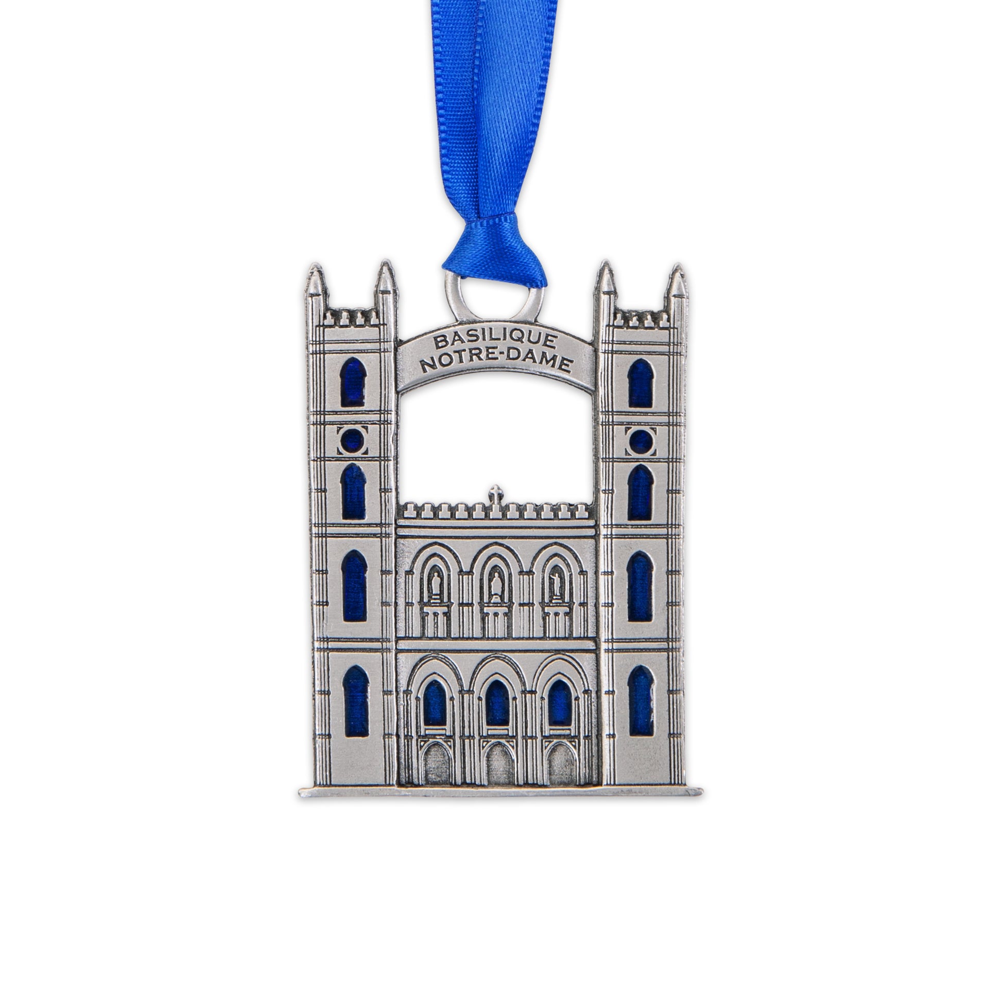 hand crafted pewter ornament, notre-dame basilica, cathedrale, old montreal, pewter ornament, church, holiday decoration, christmas tree, montreal, blue ribbon