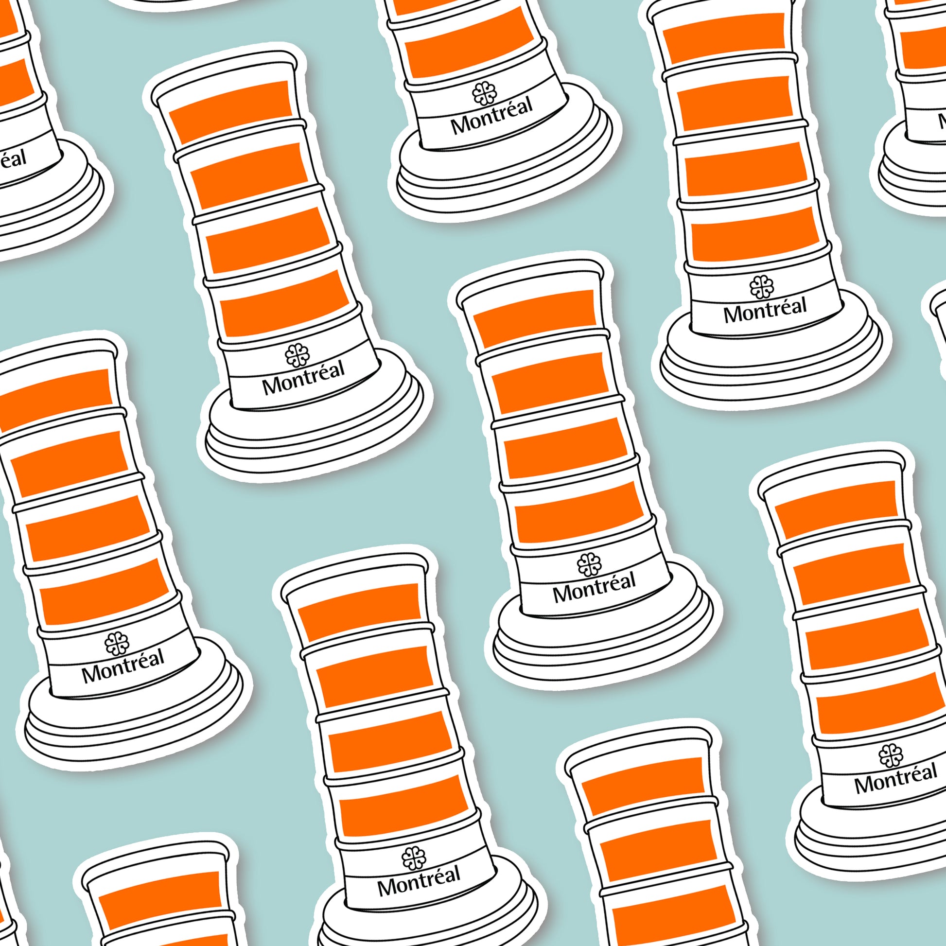Pattern of Montreal-themed traffic cones on a light blue background