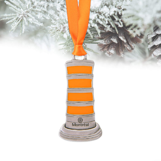 orange traffic cone, montreal, pewter ornament, holiday decoration, orange ribbon, gift, collectible, tree