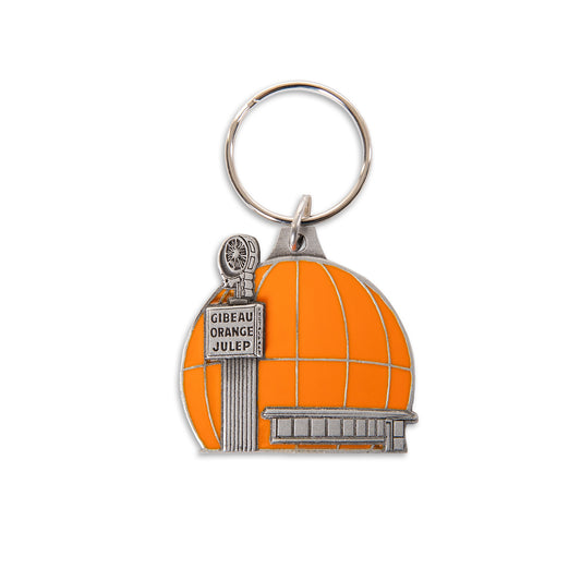 gibeau orange julep, pewter keychain, orange paint fill, key ring, montreal, landmark, heritage, diner, restaurant, gift, souvenir