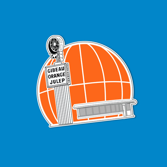 Illustration of a building with an orange dome and a sign reading 'Gibeau Orange Julep' on a blue background.