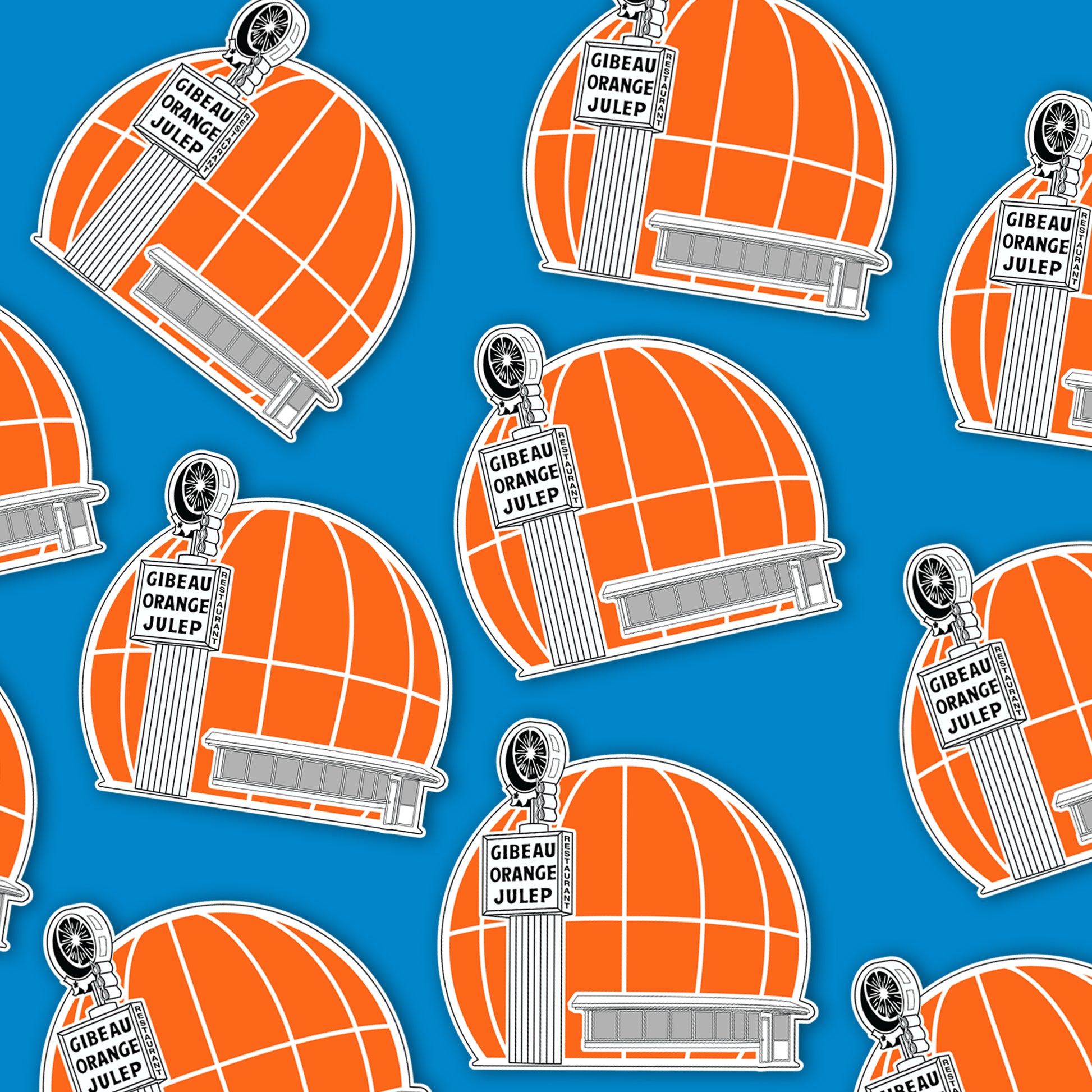 Pattern of orange julep stickers on a blue background