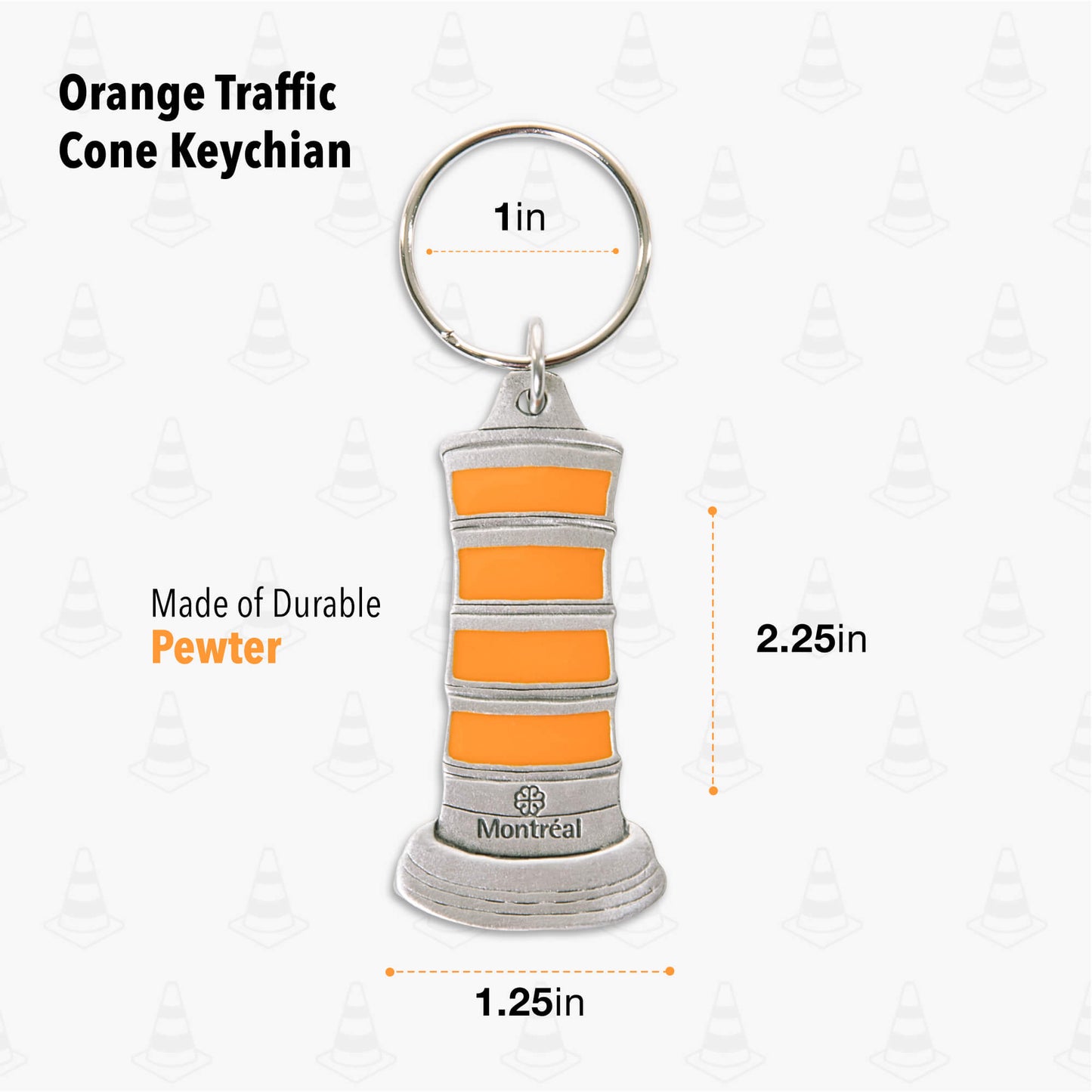 orange traffic cone, pewter keychain, orange paint fill, key ring, montreal, gift, souvenir, dimensions