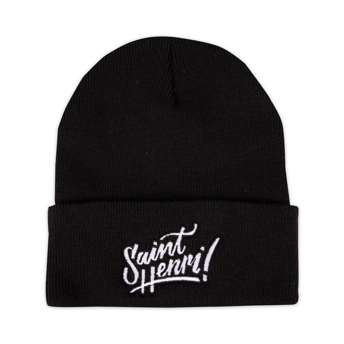 A black tuque with the Saint-Henri design embroidered on the front. 