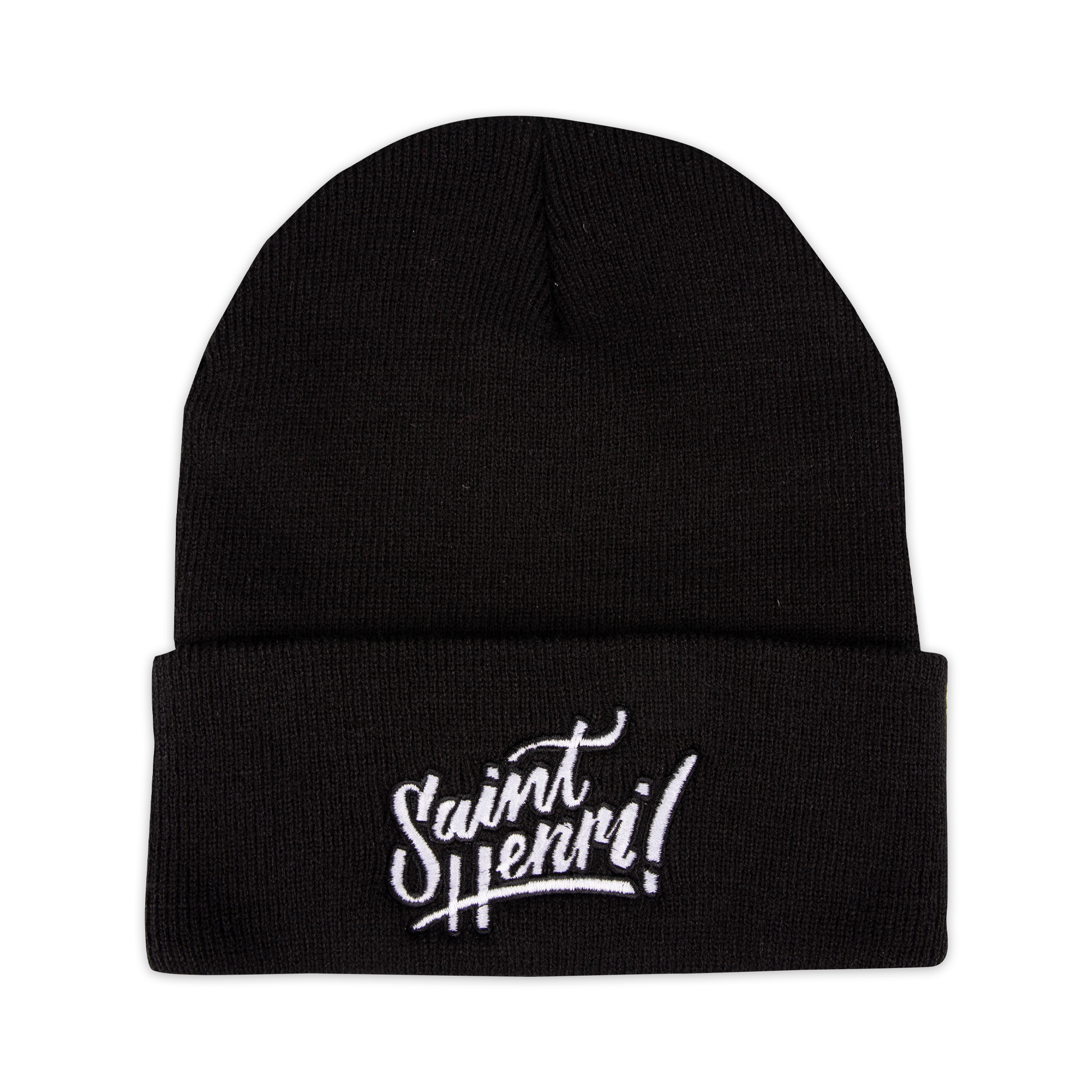 A black tuque with the Saint-Henri design embroidered on the front. 