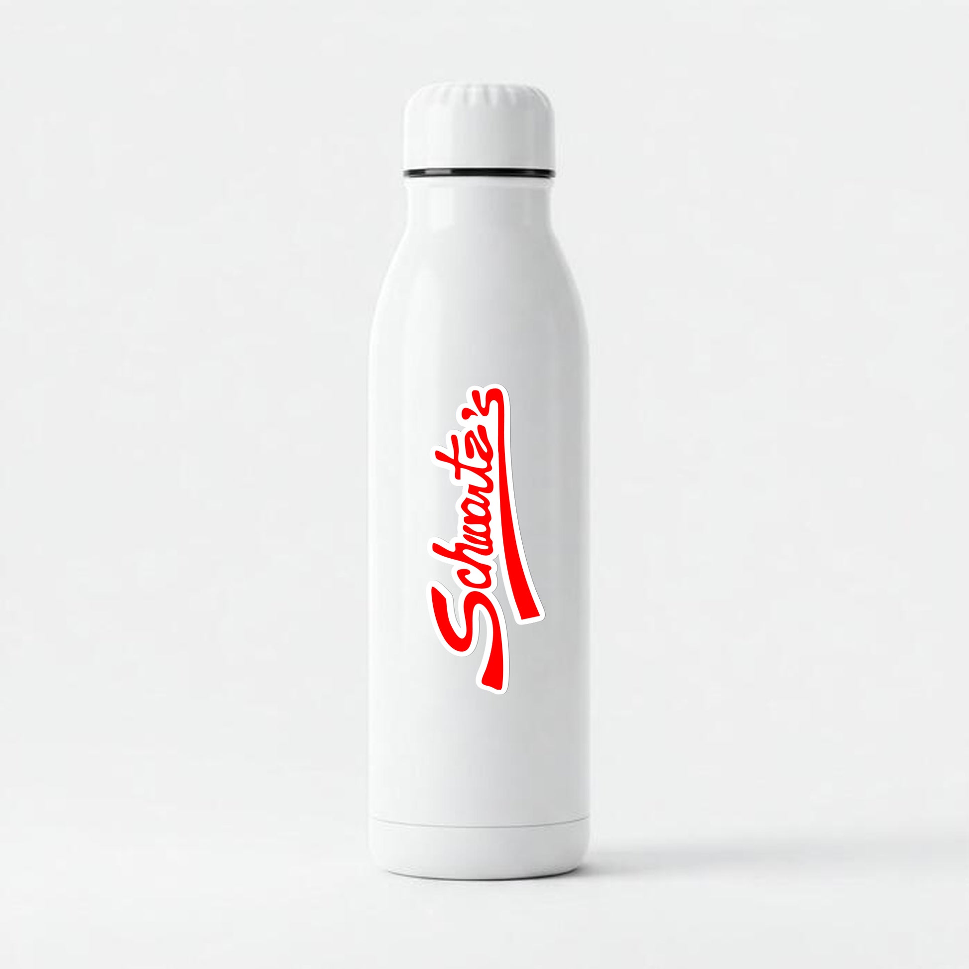 White water bottle with schwartzs logo on a white background