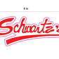 Red 'Schwartz's' logo with dimensions on a white background