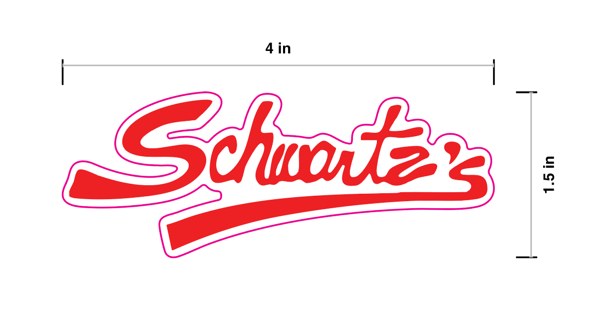 Red 'Schwartz's' logo with dimensions on a white background