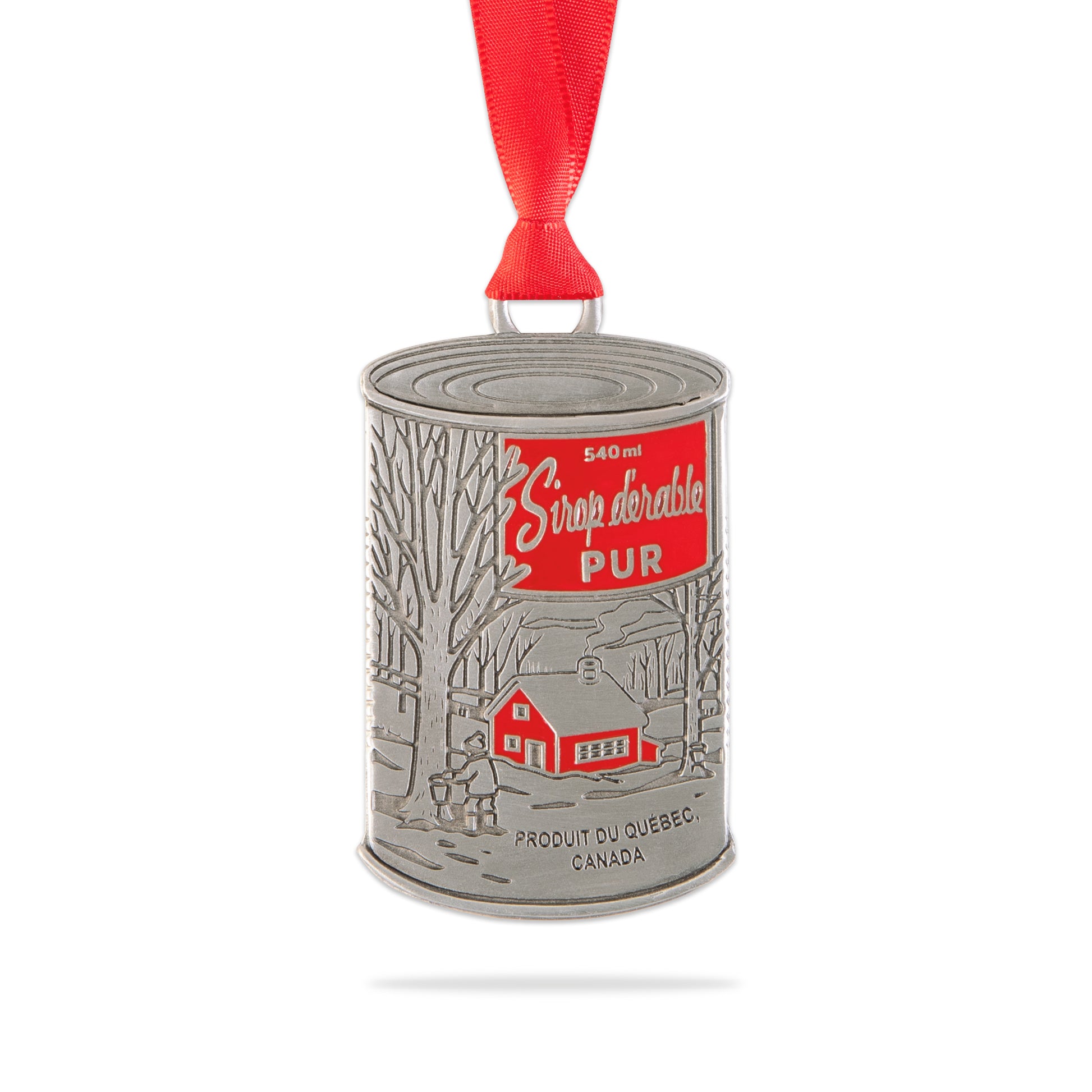 Maple Syrop can ornament with red ribbon on a white background